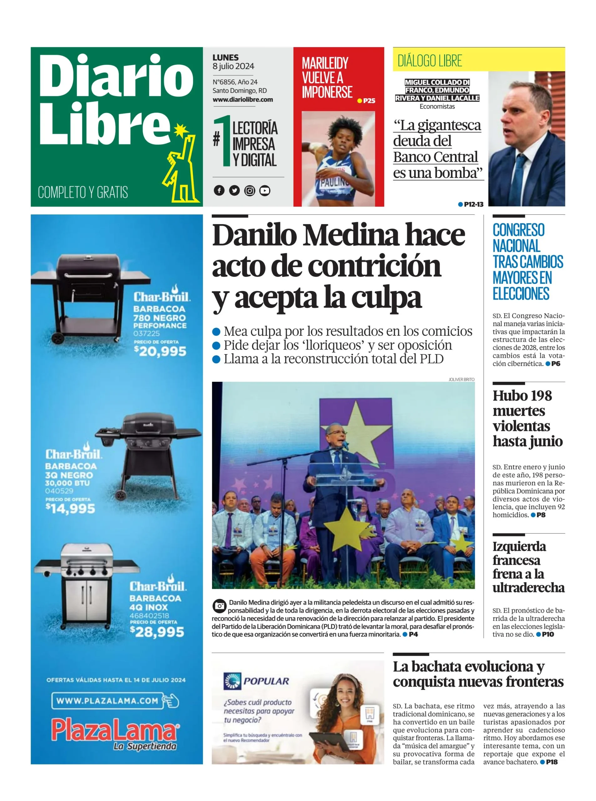 Portada Periódico Diario Libre, Lunes 08 Julio, 2024