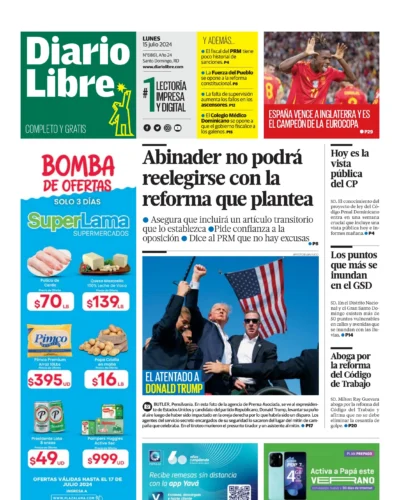 Portada Periódico Diario Libre, Lunes 15 Julio, 2024