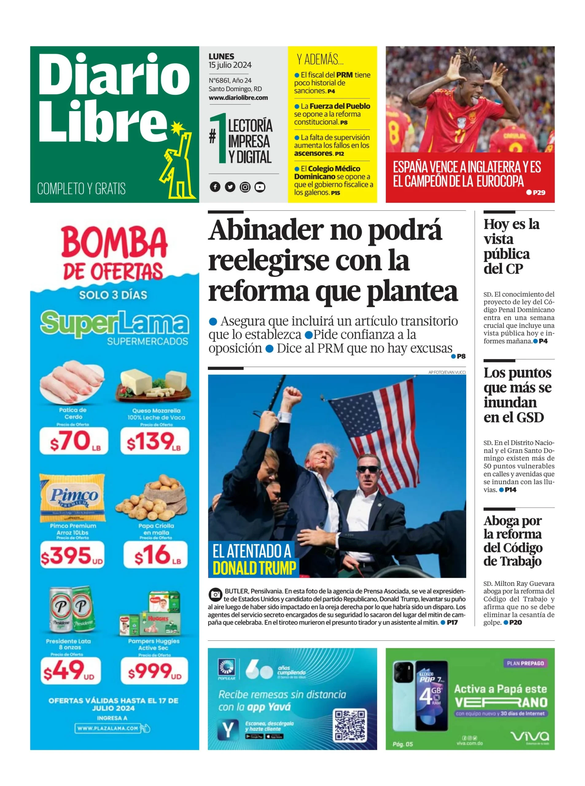 Portada Periódico Diario Libre, Lunes 15 Julio, 2024