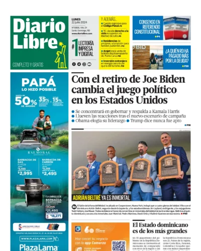 Portada Periódico Diario Libre, Lunes 22 Julio, 2024