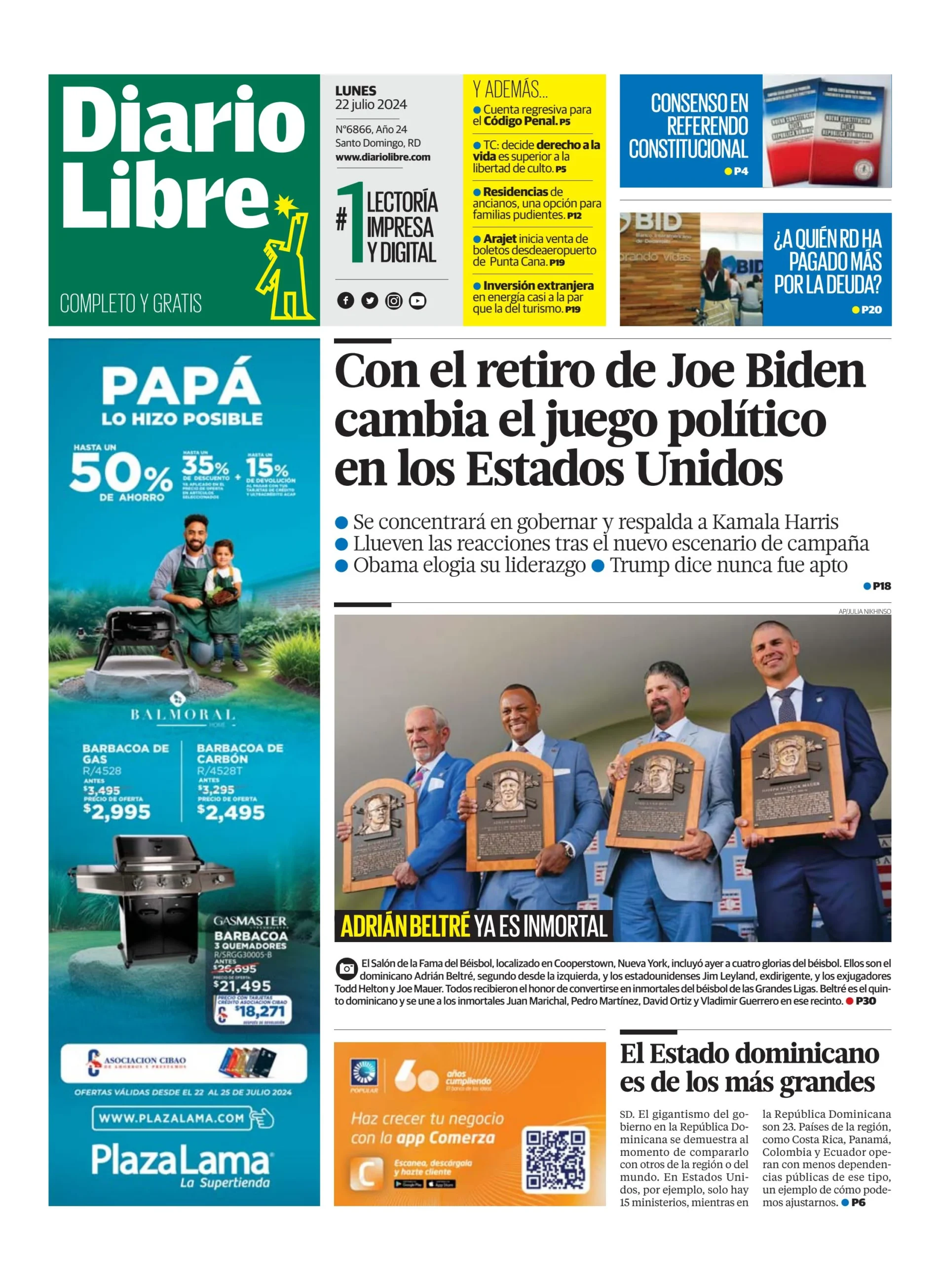 Portada Periódico Diario Libre, Lunes 22 Julio, 2024