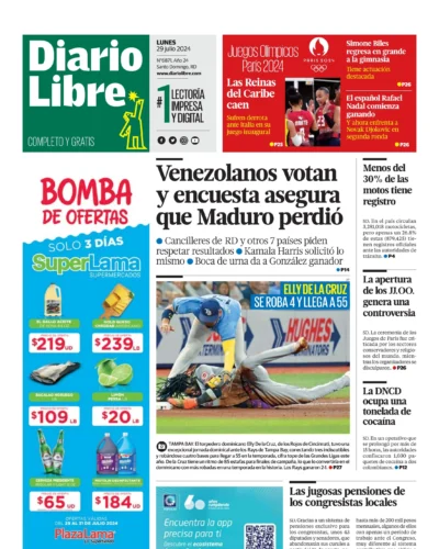 Portada Periódico Diario Libre, Lunes 29 Julio, 2024