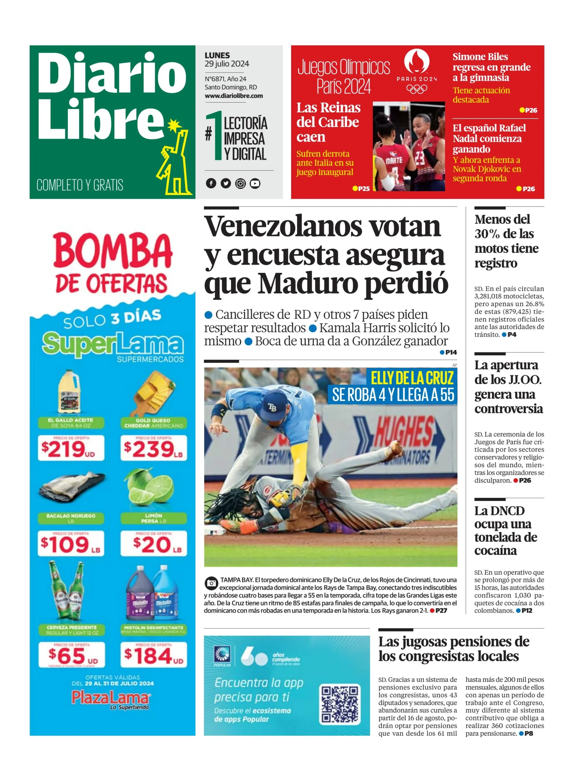 Portada Periódico Diario Libre, Lunes 29 Julio, 2024