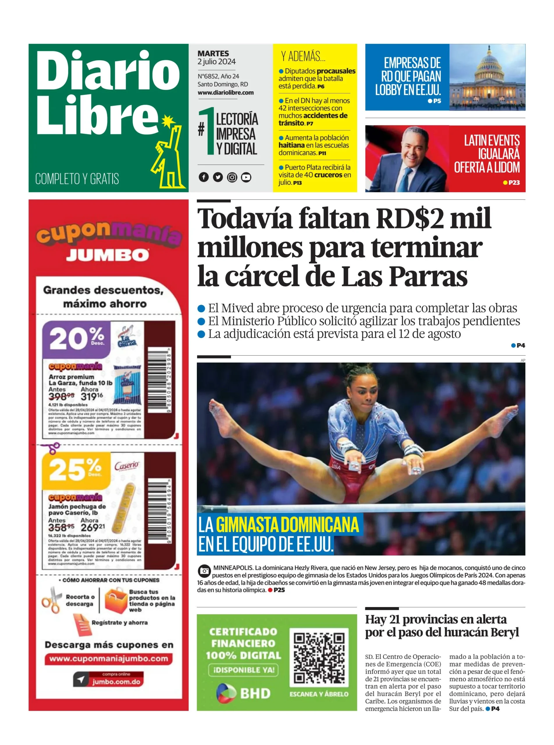 Portada Periódico Diario Libre, Martes 02 Julio, 2024