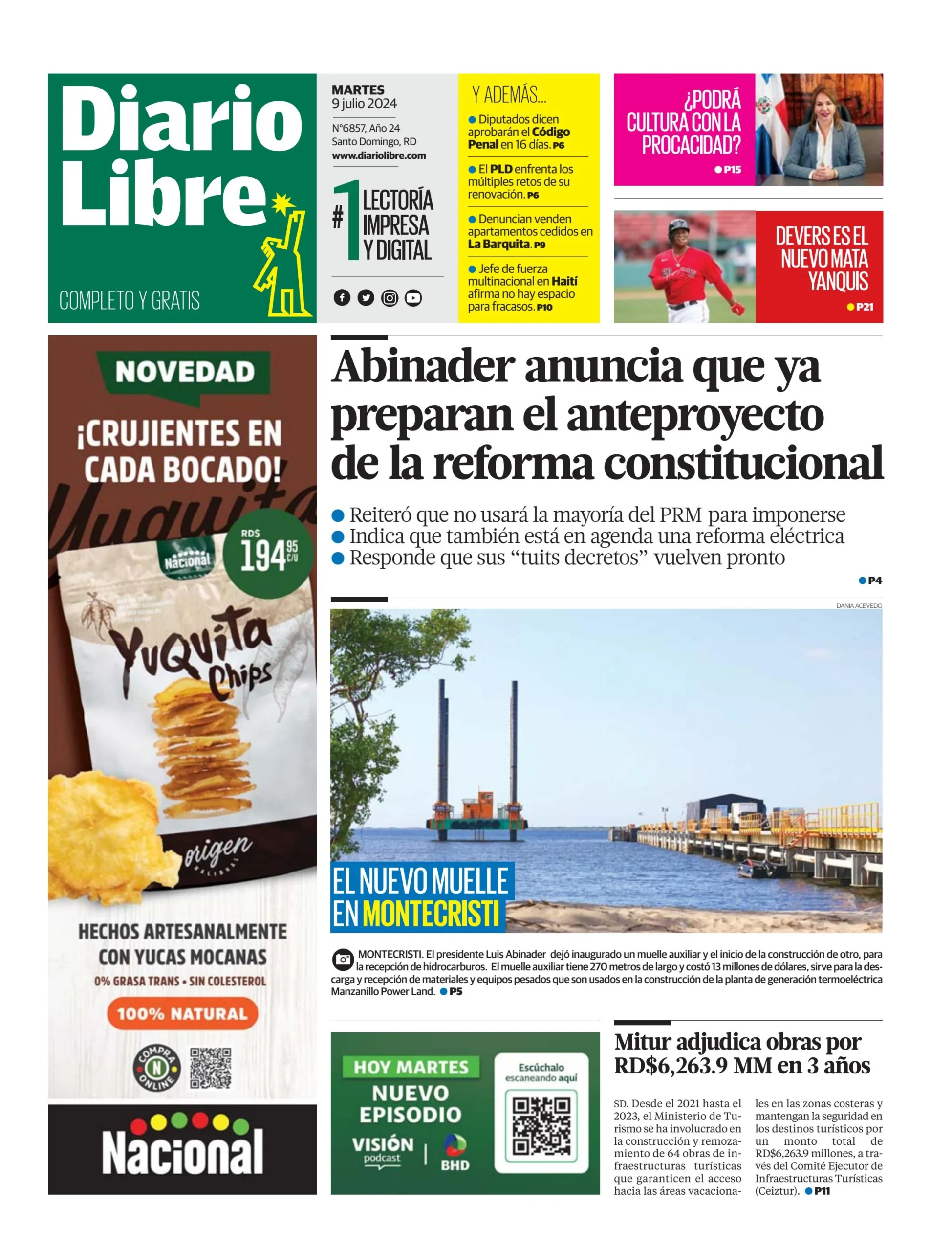 Portada Periódico Diario Libre, Martes 09 Julio, 2024