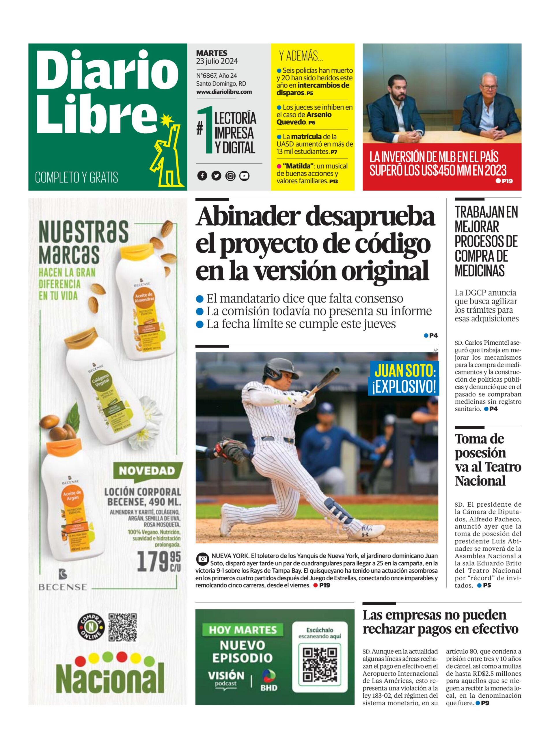 Portada Periódico Diario Libre, Martes 23 Julio, 2024