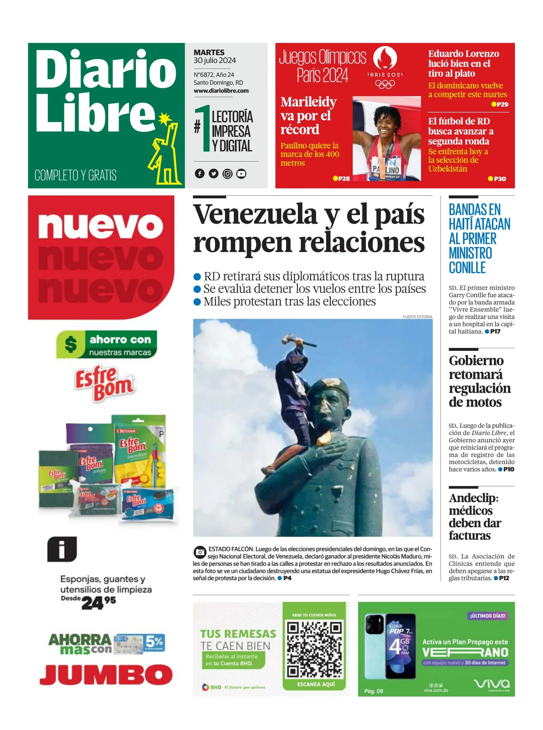 Portada Periódico Diario Libre, Martes 30 Julio, 2024