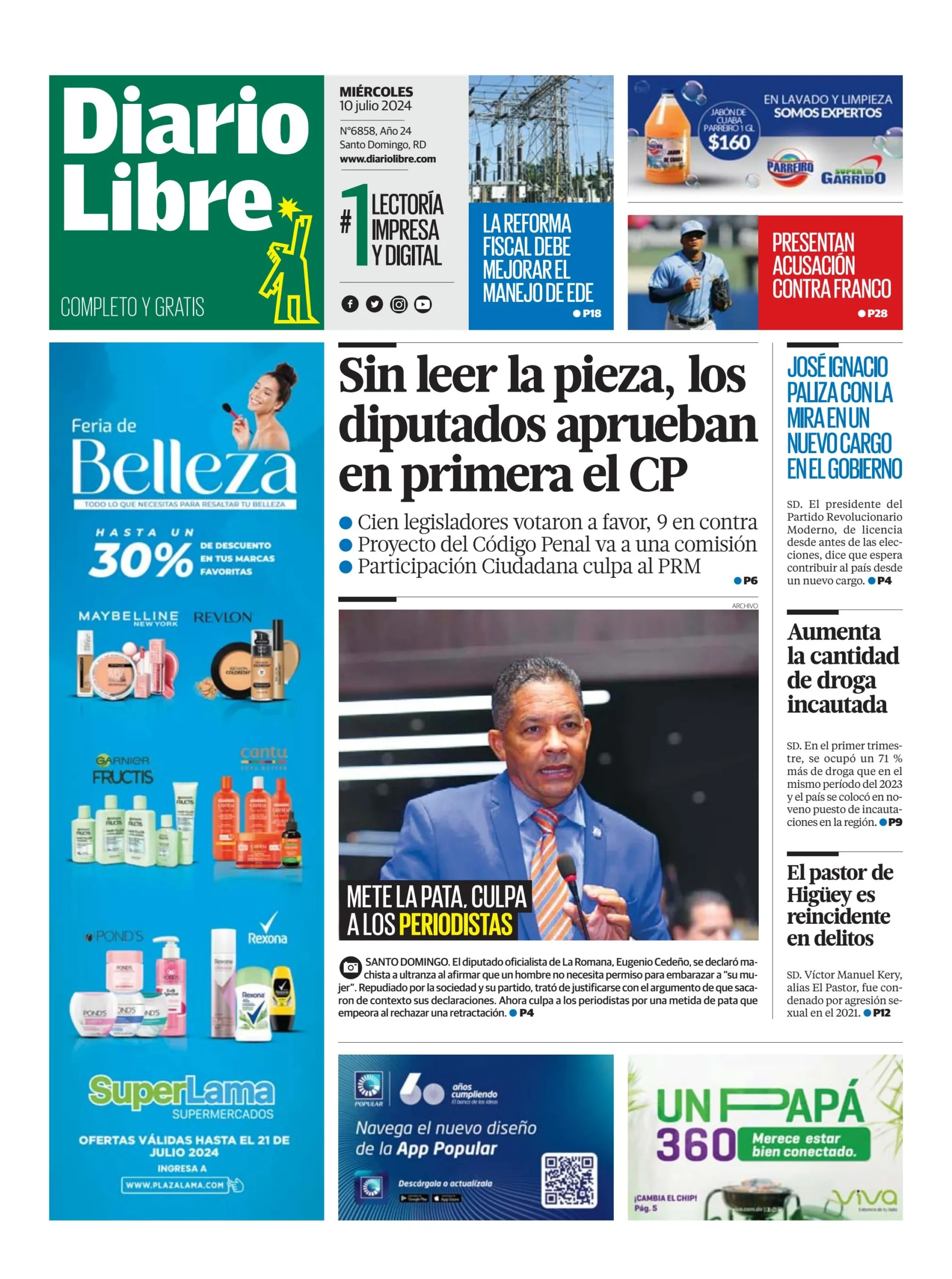 Portada Periódico Diario Libre, Miércoles 10 Julio, 2024