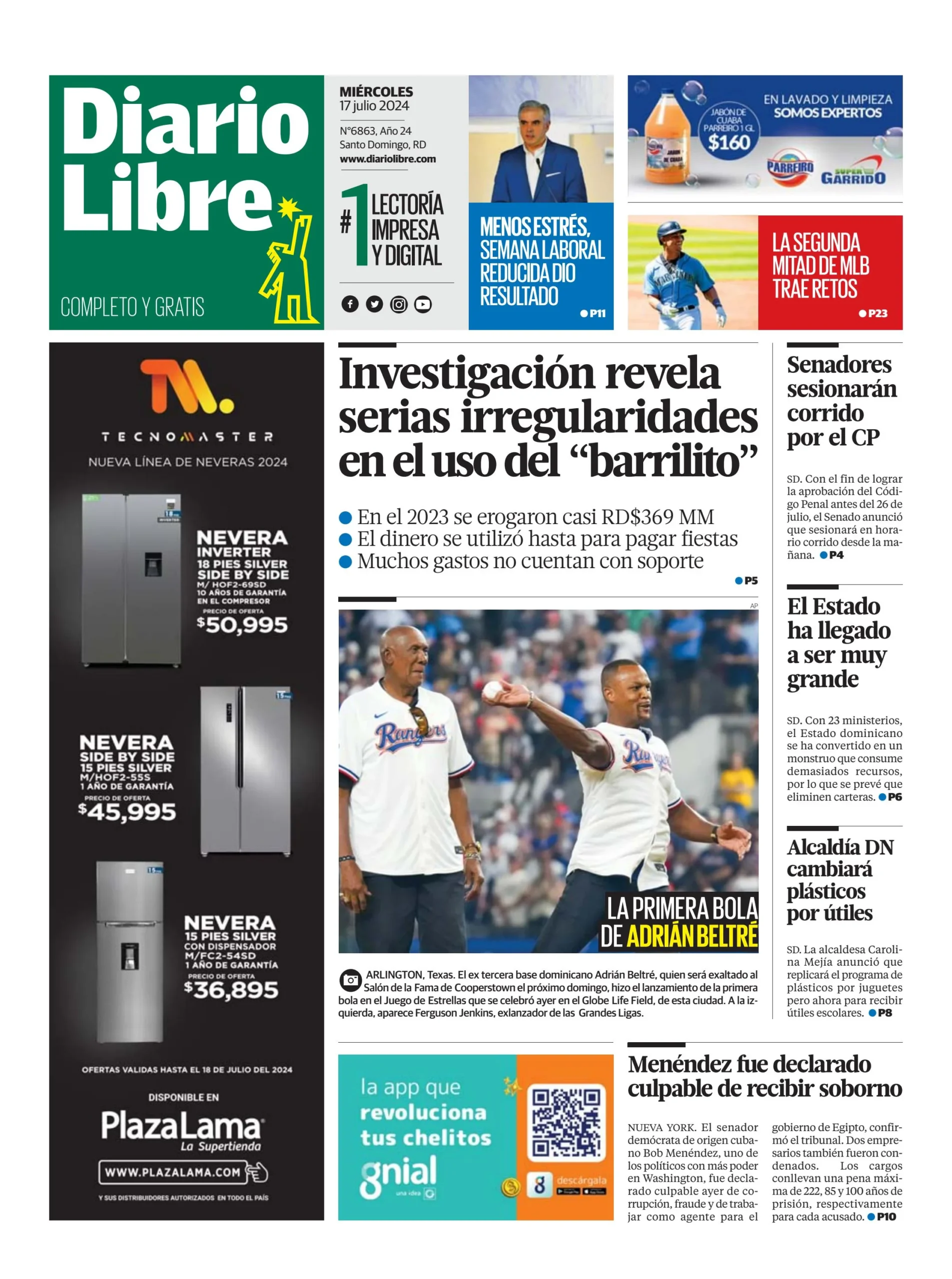 Portada Periódico Diario Libre, Miércoles 17 Julio, 2024