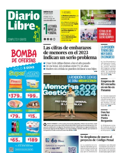 Portada Periódico Diario Libre, Miércoles 24 Julio, 2024