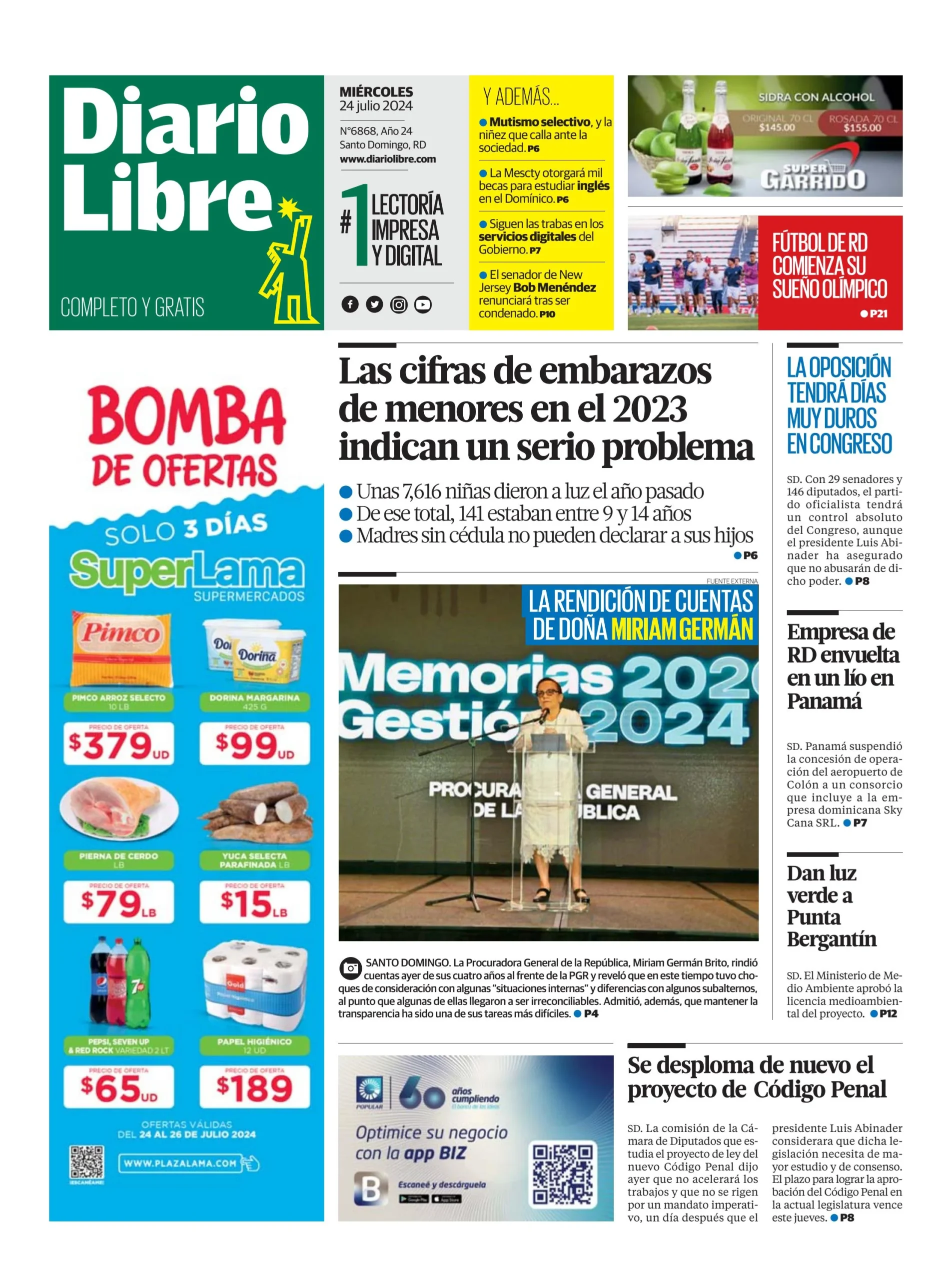 Portada Periódico Diario Libre, Miércoles 24 Julio, 2024