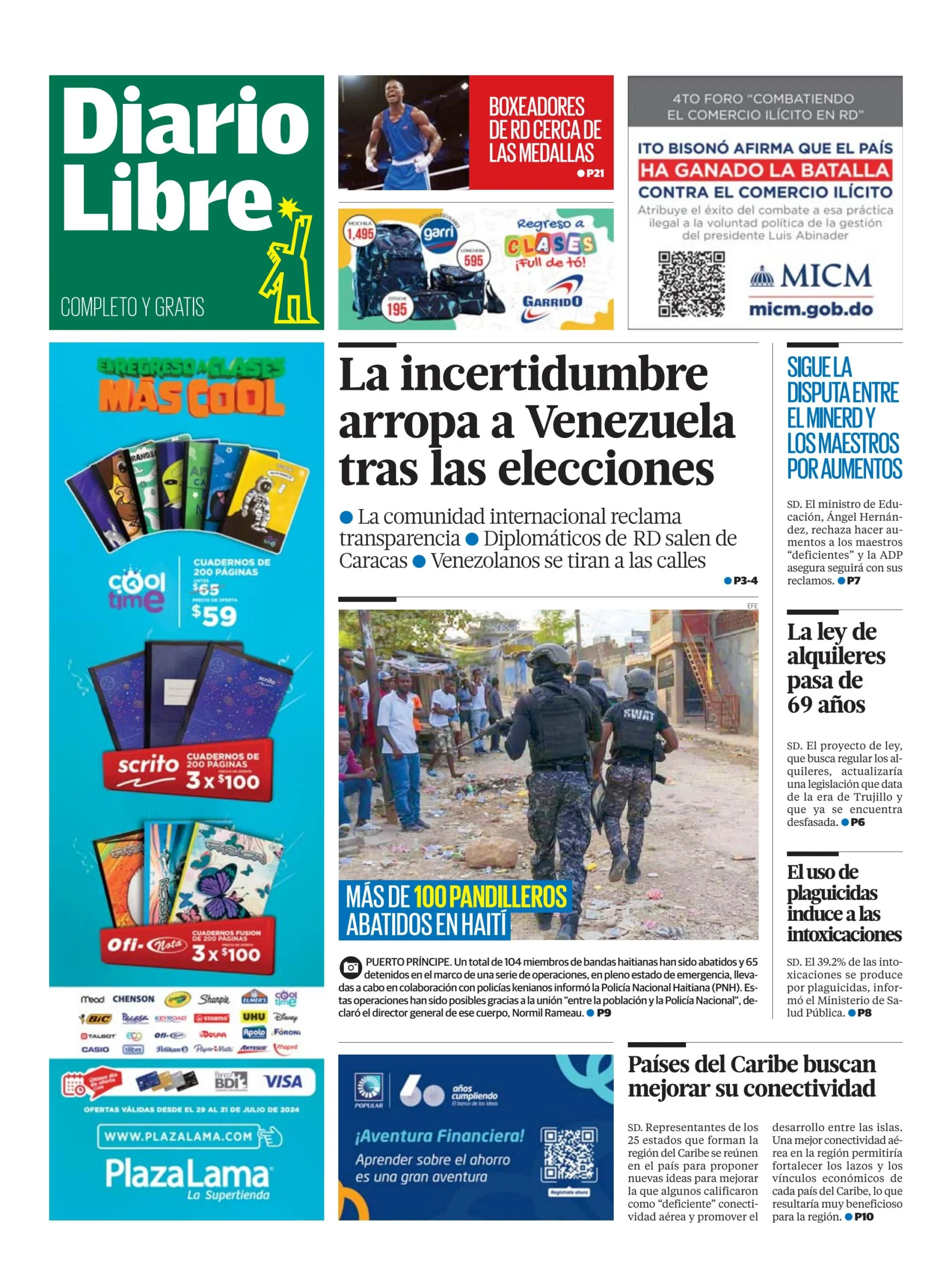 Portada Periódico Diario Libre, Miércoles 31 Julio, 2024