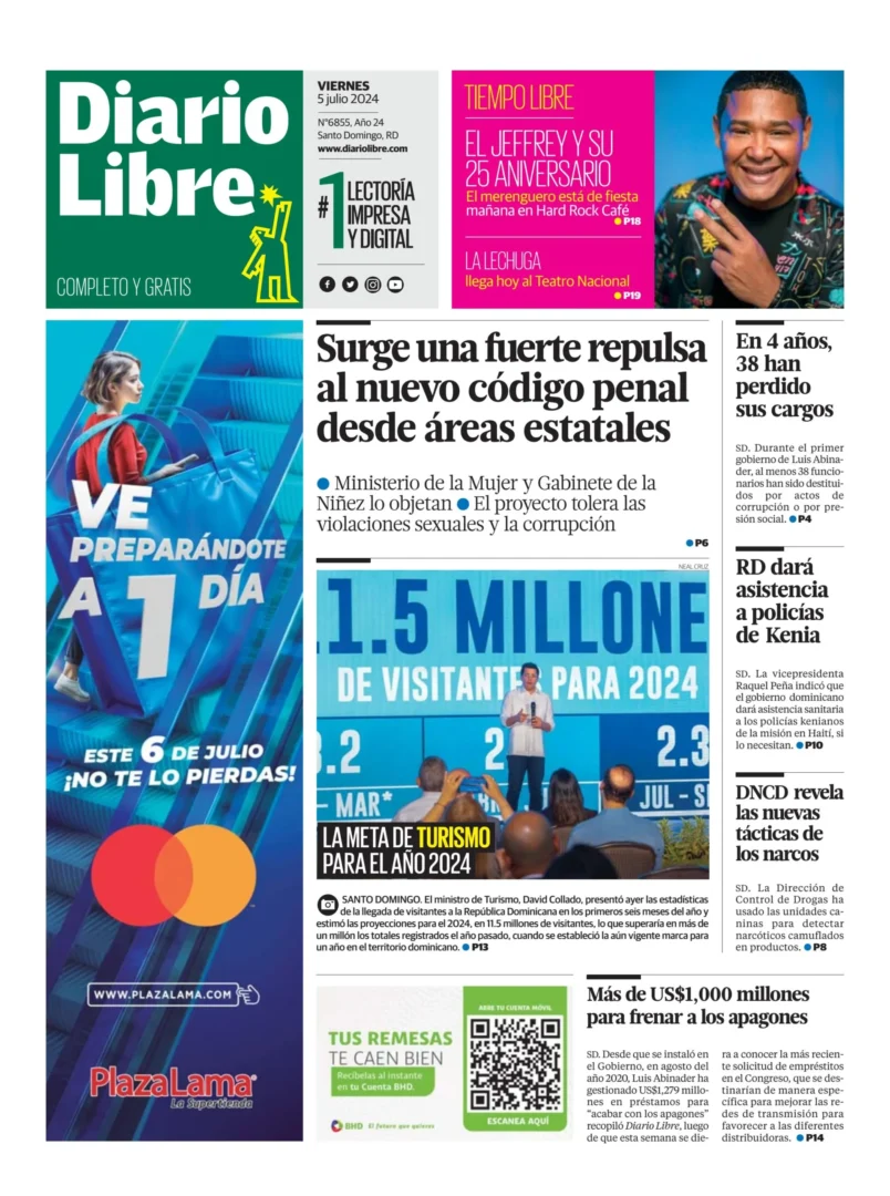 Portada Periódico Diario Libre, Viernes 05 Julio, 2024