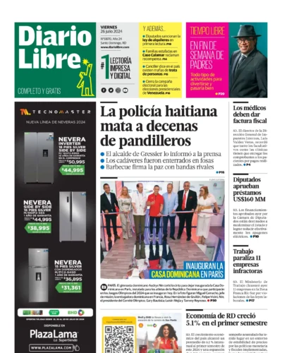 Portada Periódico Diario Libre, Viernes 26 Julio, 2024
