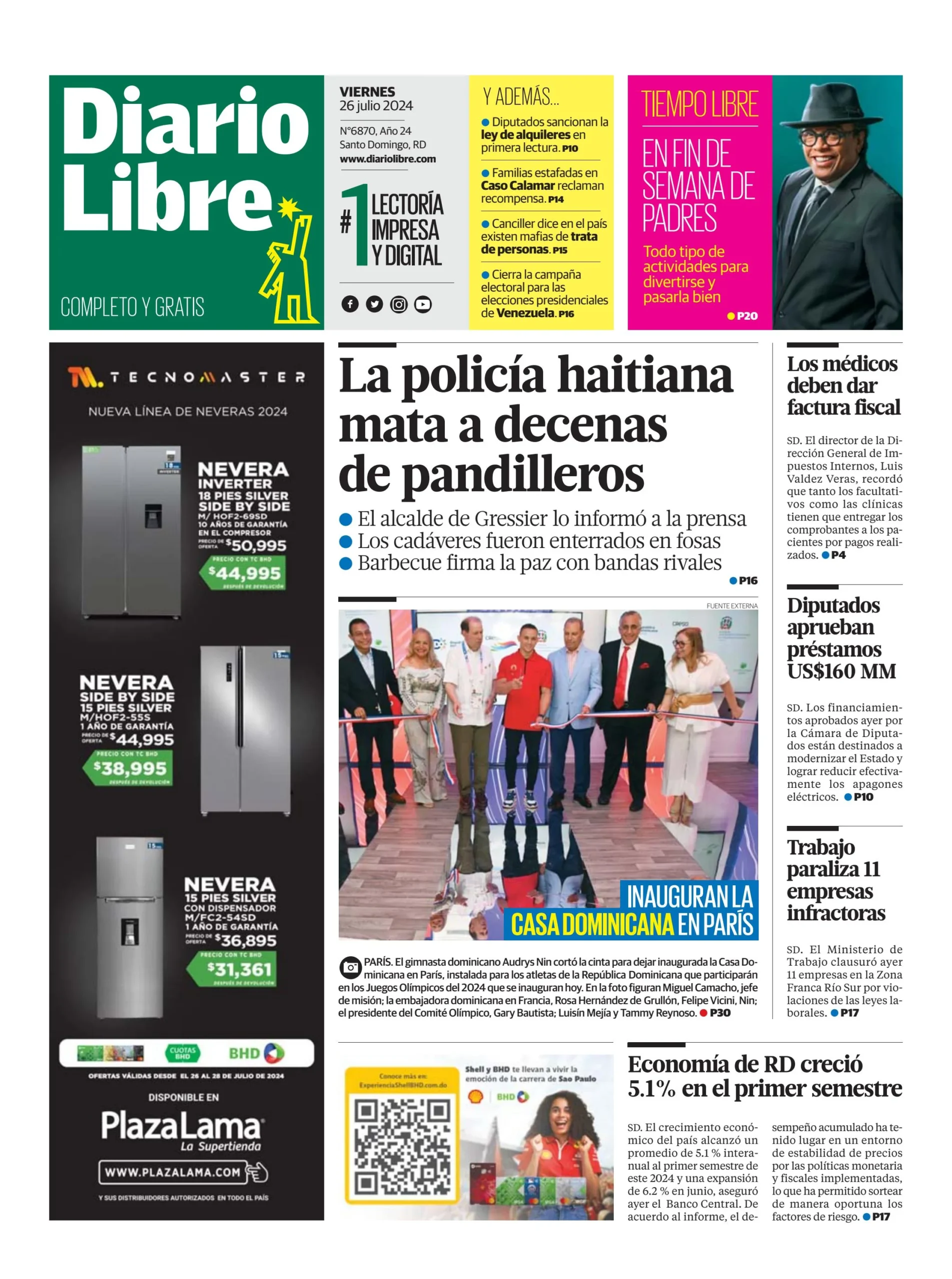 Portada Periódico Diario Libre, Viernes 26 Julio, 2024