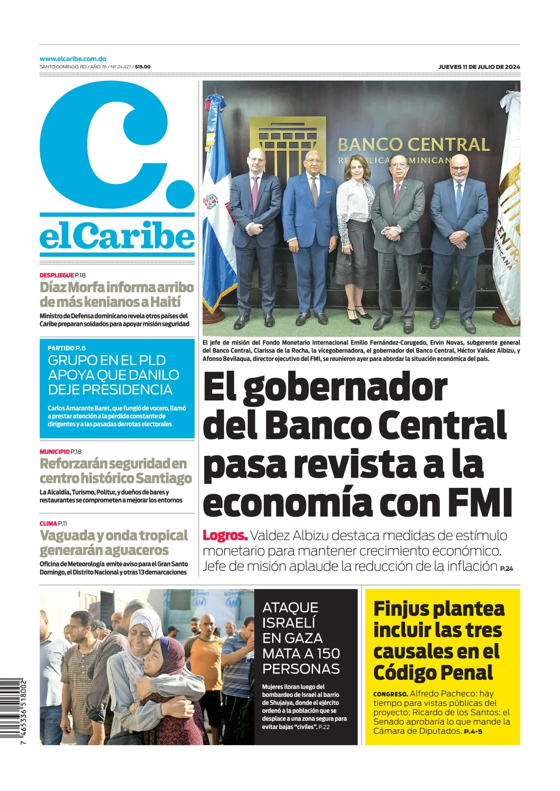 Portada Periódico El Caribe, Jueves 11 Julio, 2024