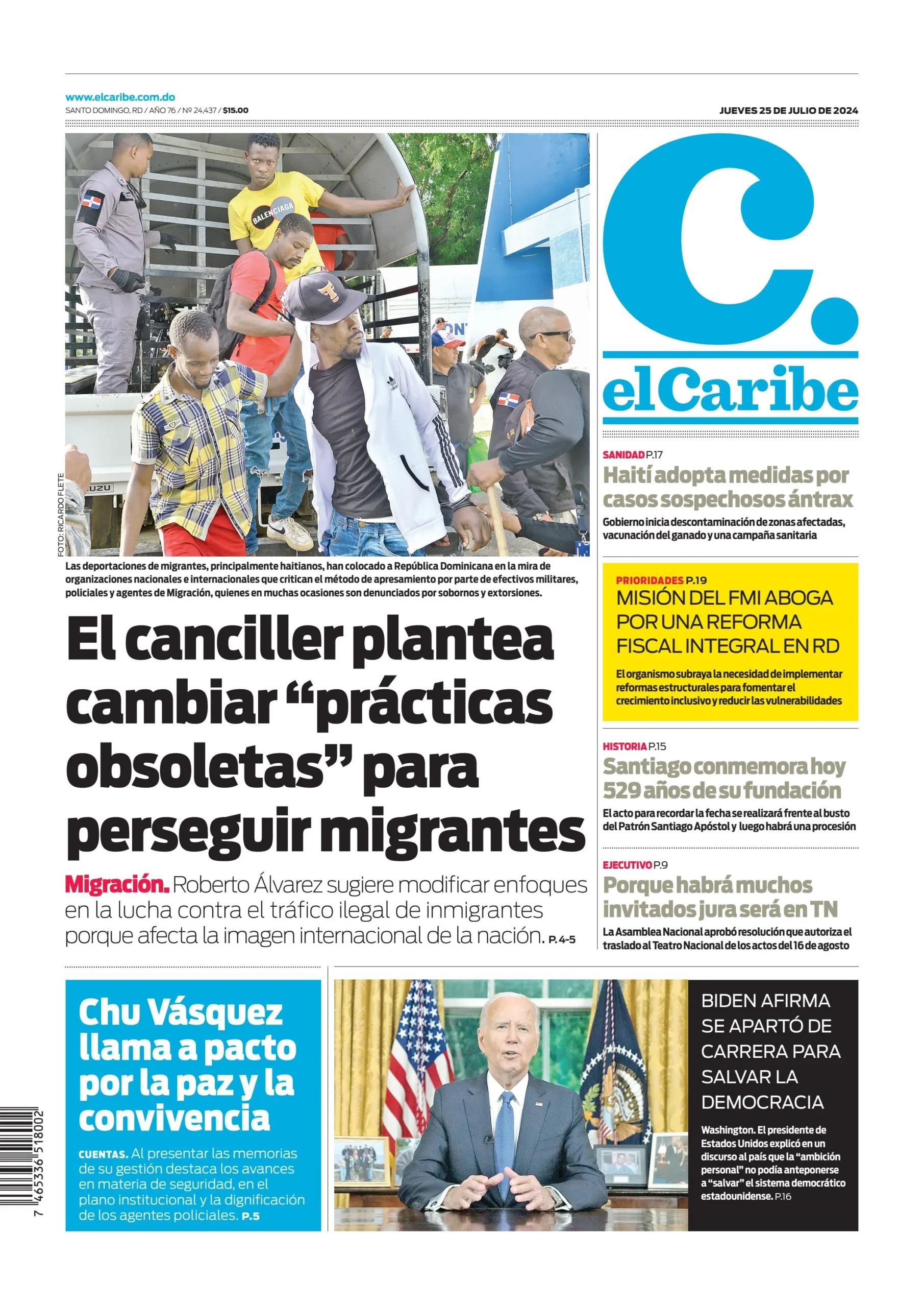 Portada Periódico El Caribe, Jueves 25 Julio, 2024