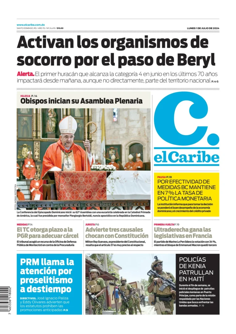 Portada Periódico El Caribe, Lunes 01 Julio, 2024
