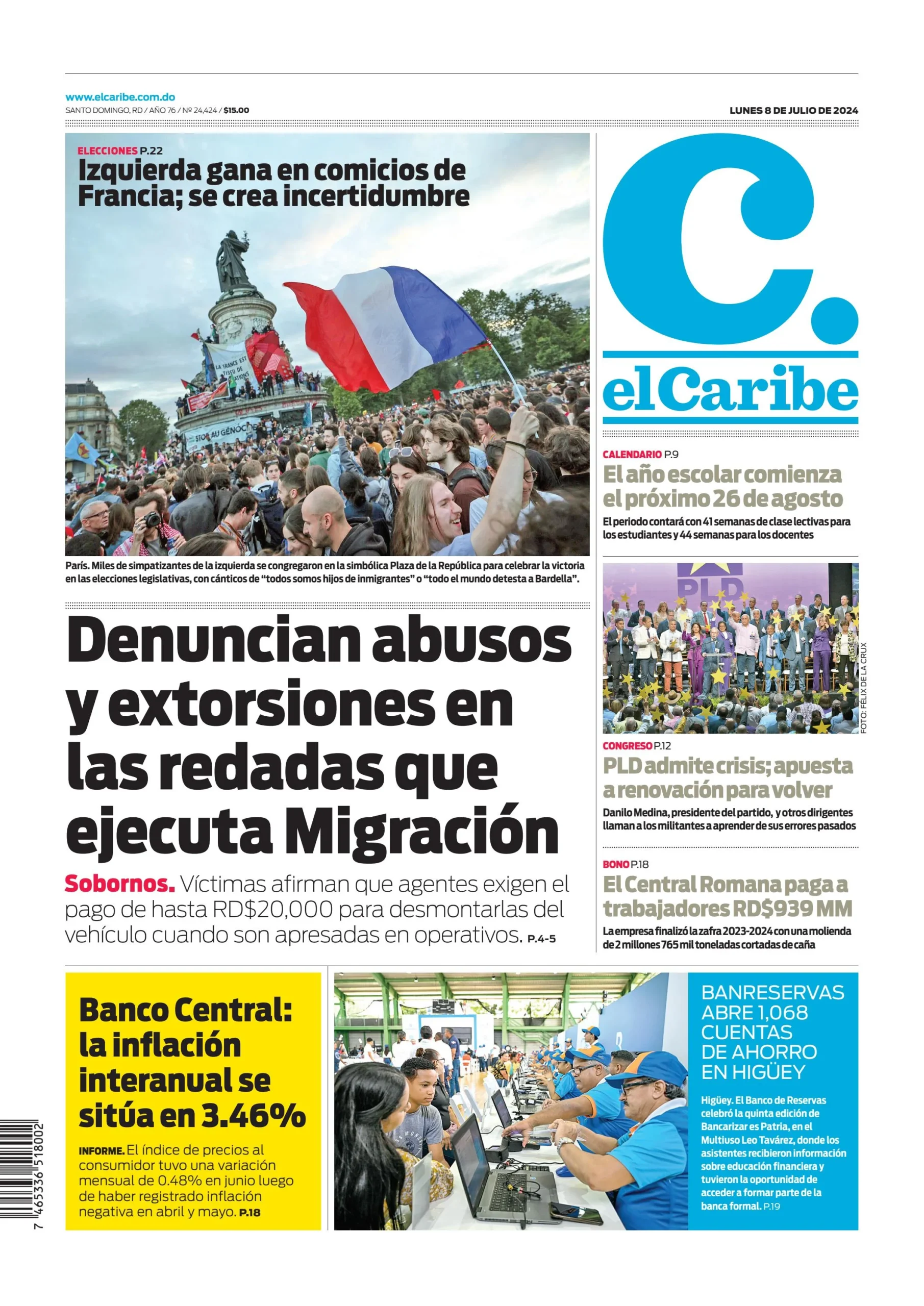 Portada Periódico El Caribe, Lunes 08 Julio, 2024