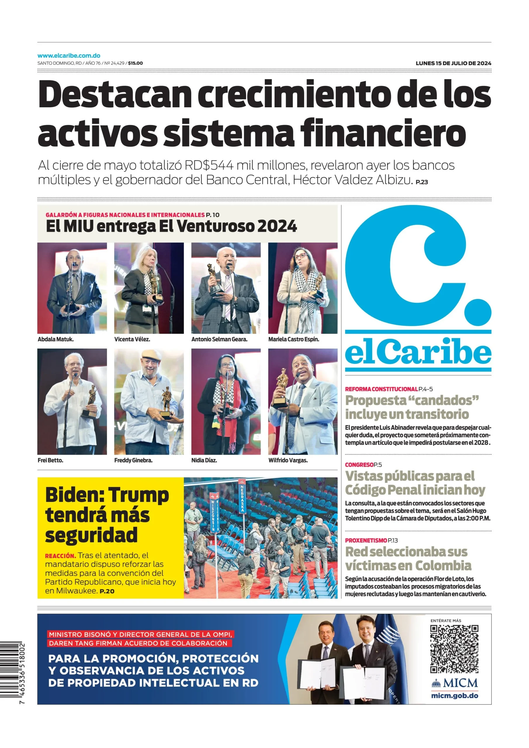 Portada Periódico El Caribe, Lunes 15 Julio, 2024