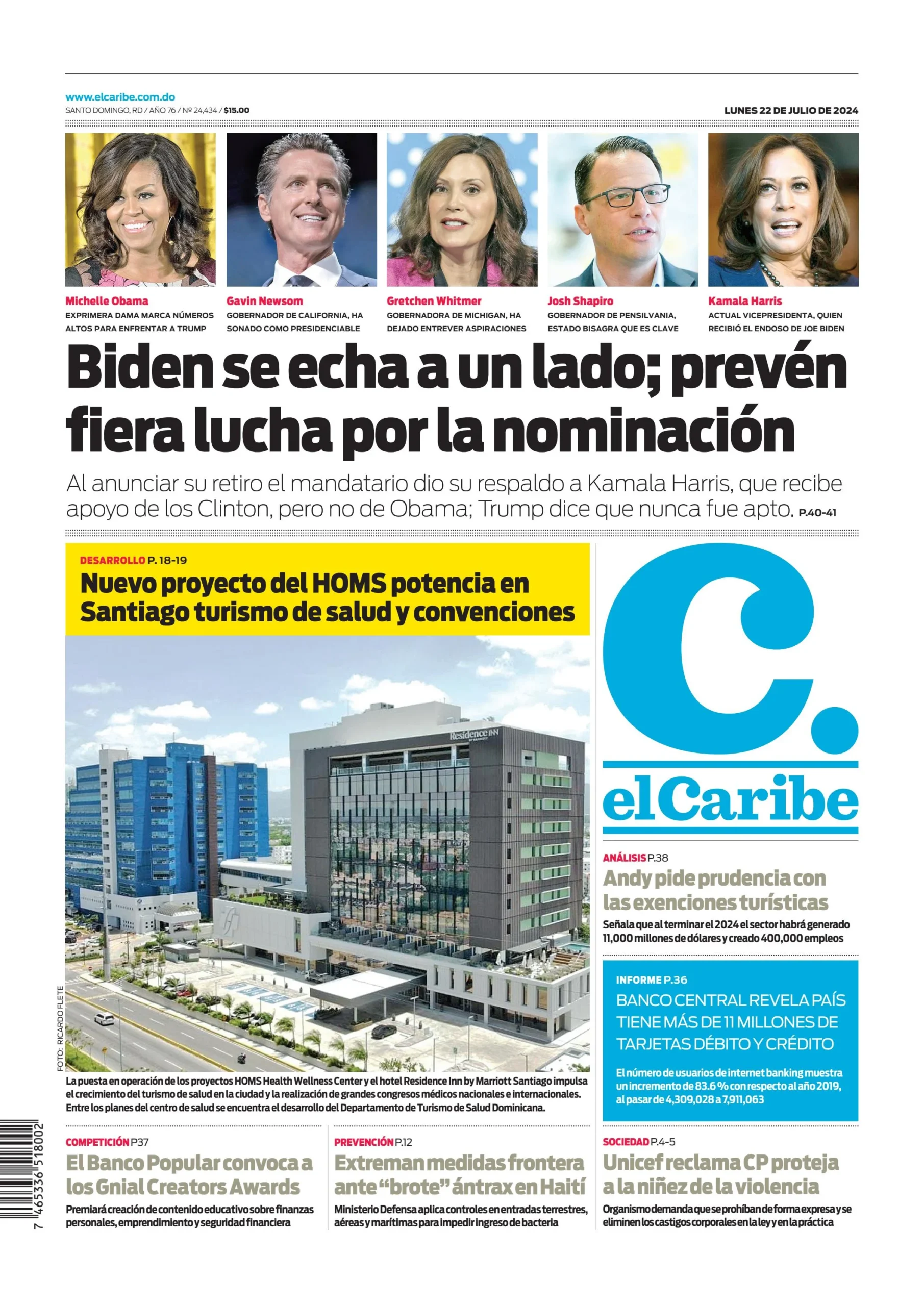 Portada Periódico El Caribe, Lunes 22 Julio, 2024