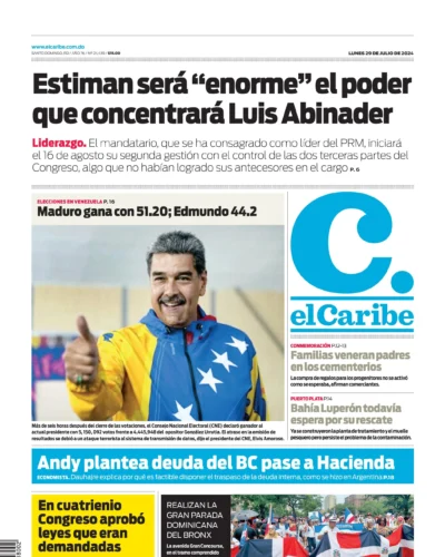 Portada Periódico El Caribe, Lunes 29 Julio, 2024