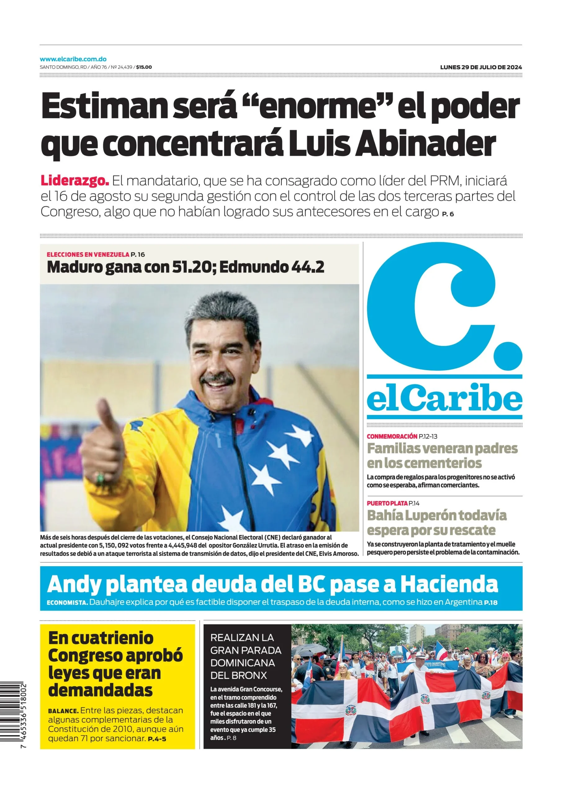 Portada Periódico El Caribe, Lunes 29 Julio, 2024