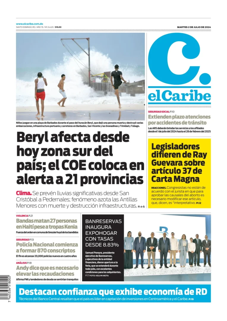 Portada Periódico El Caribe, Martes 02 Julio, 2024