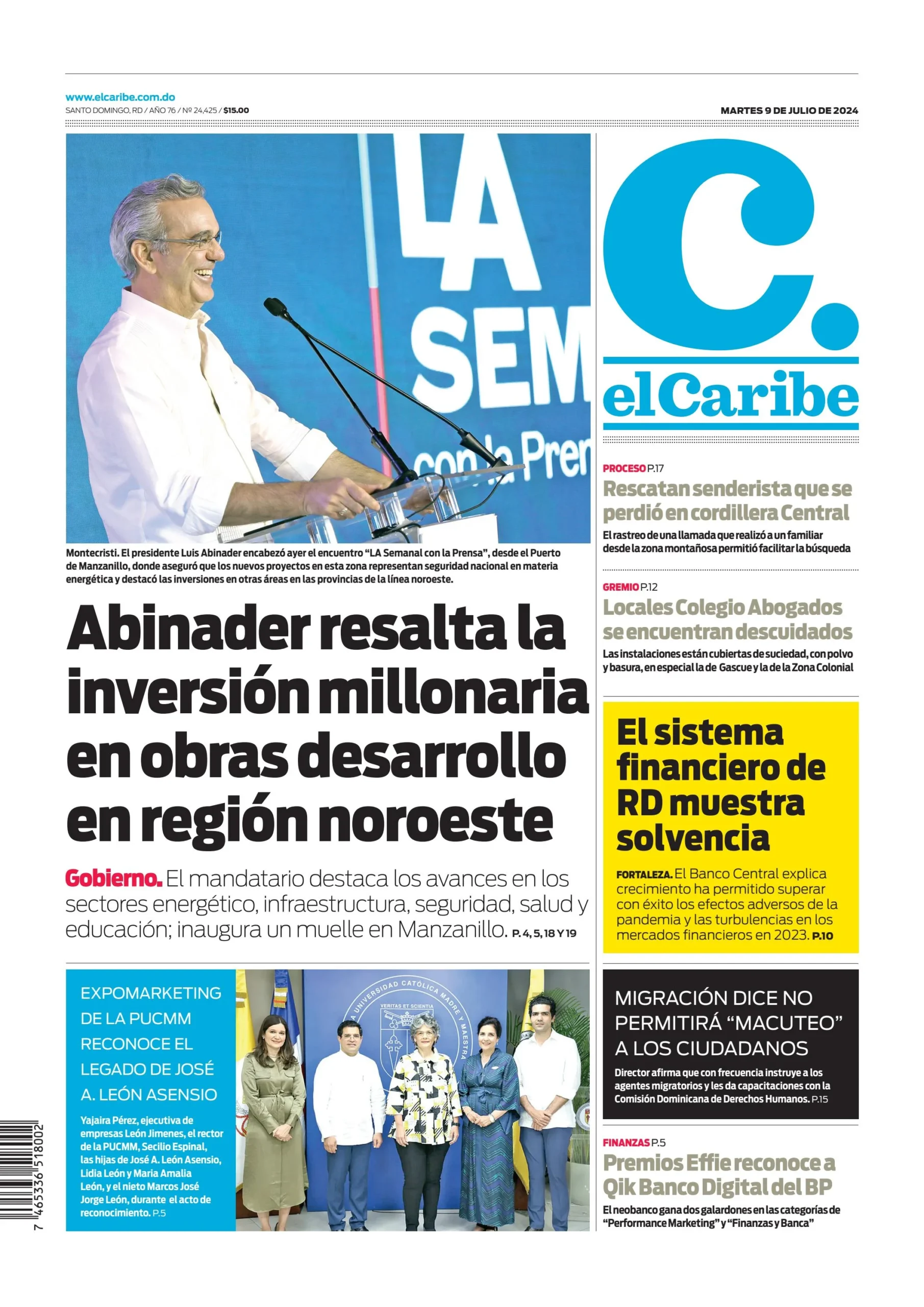 Portada Periódico El Caribe, Martes 09 Julio, 2024