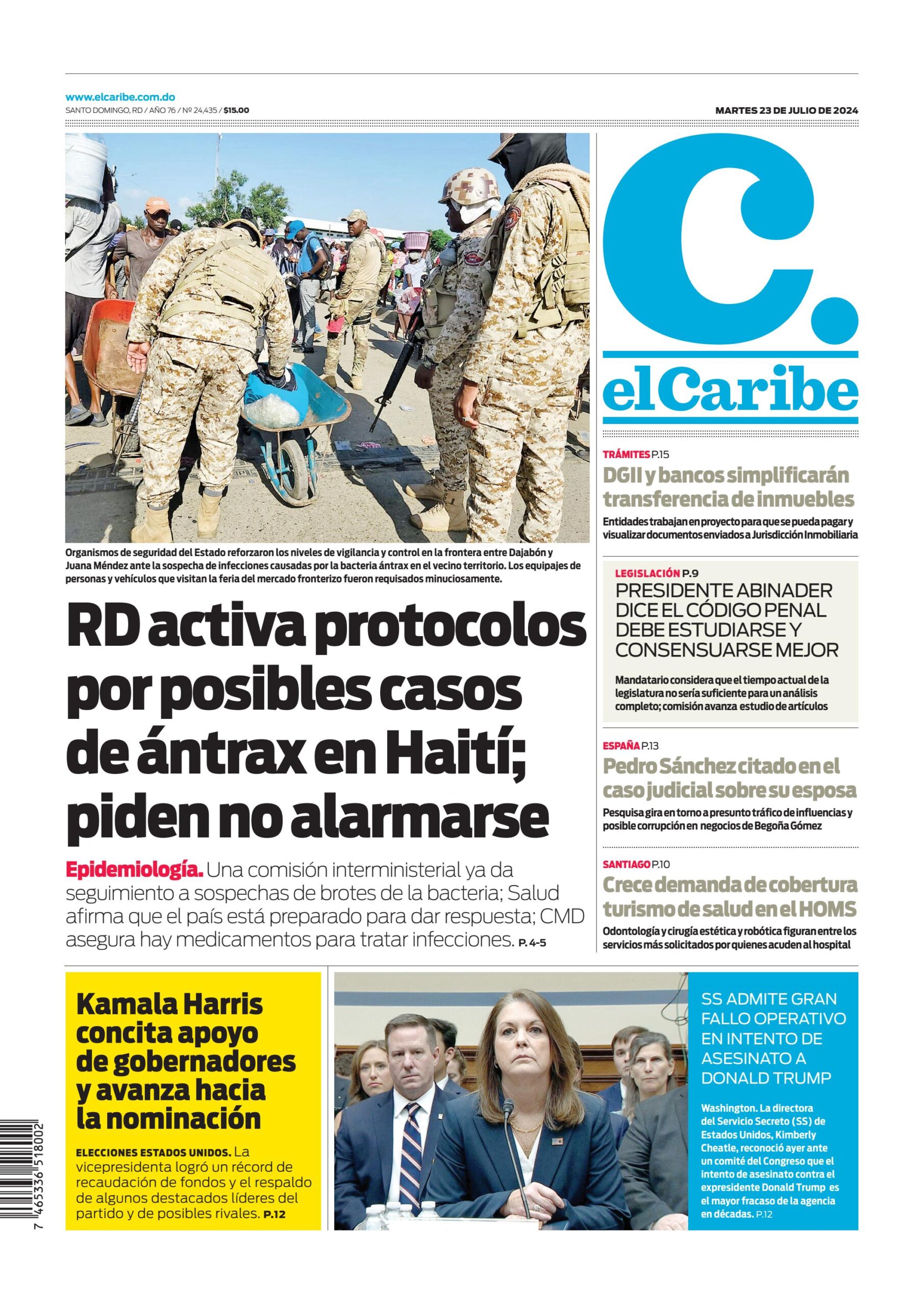 Portada Periódico El Caribe, Martes 23 Julio, 2024