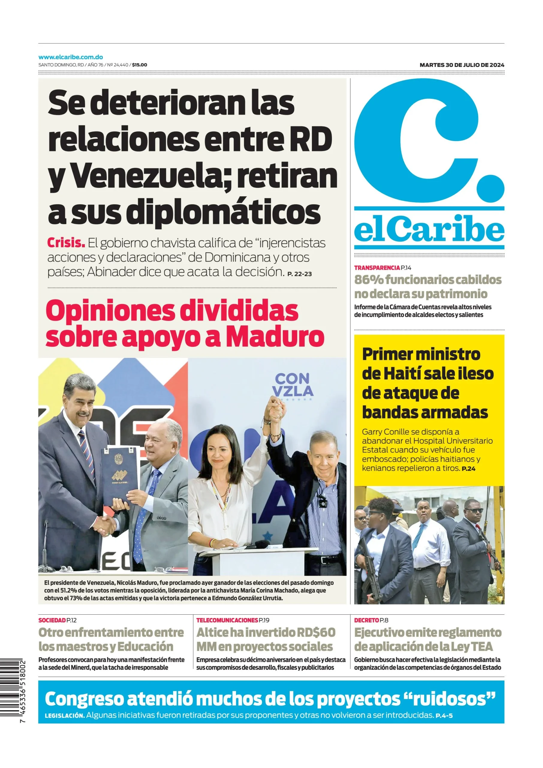 Portada Periódico El Caribe, Martes 30 Julio, 2024