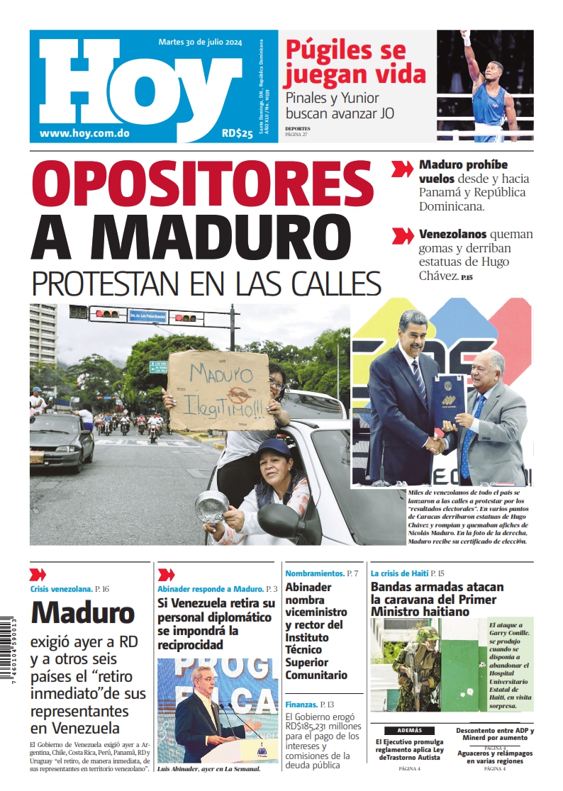 Portada Periódico El Caribe, Martes 30 Julio, 2024