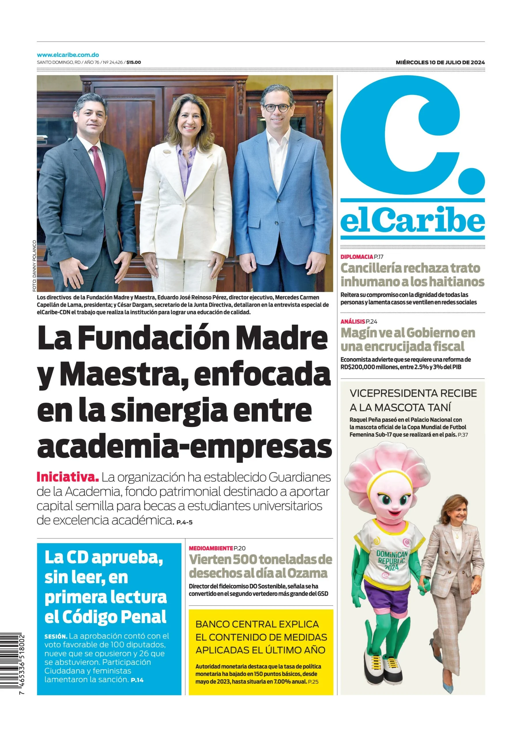 Portada Periódico El Caribe, Miércoles 10 Julio, 2024