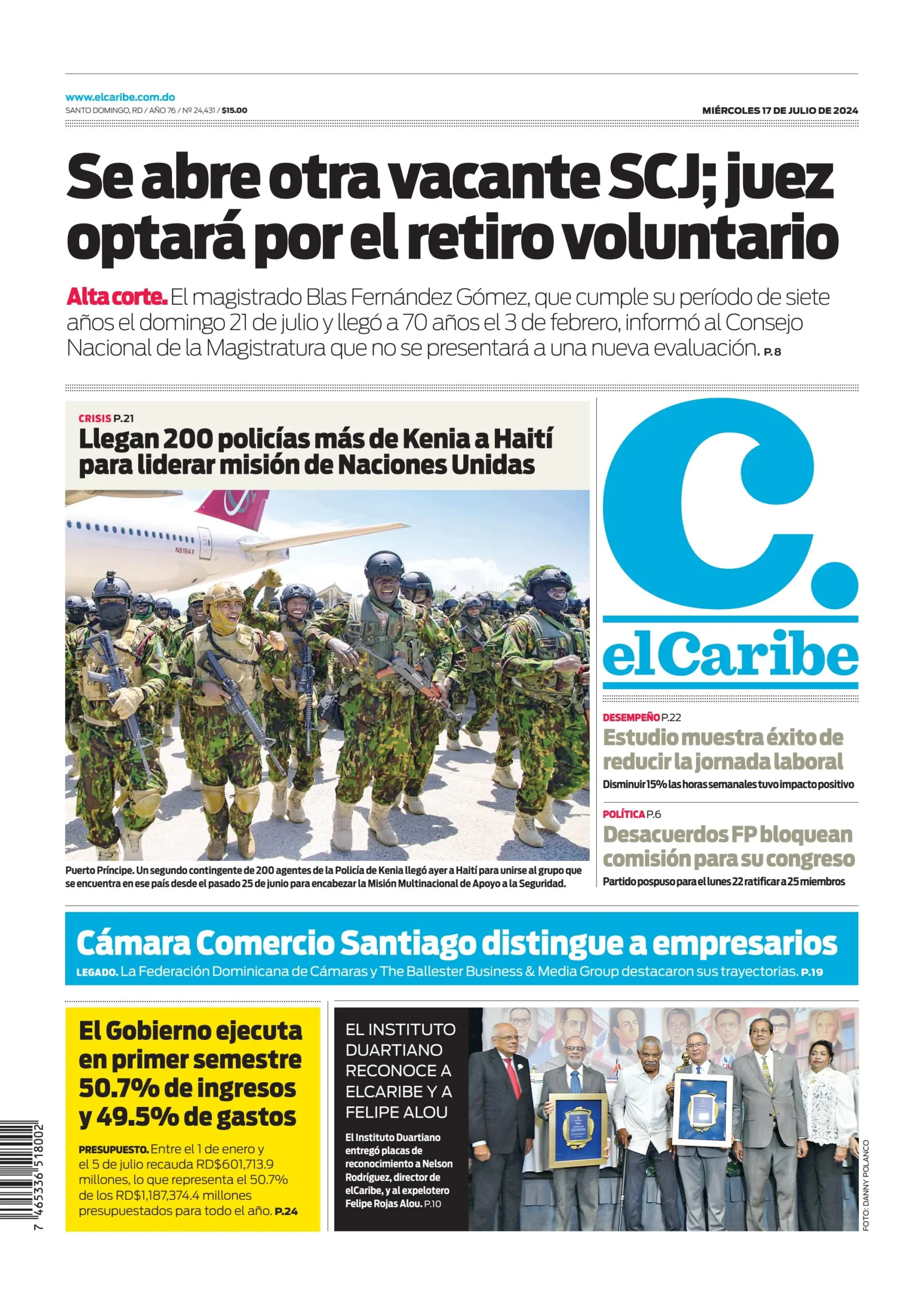 Portada Periódico El Caribe, Miércoles 17 Julio, 2024