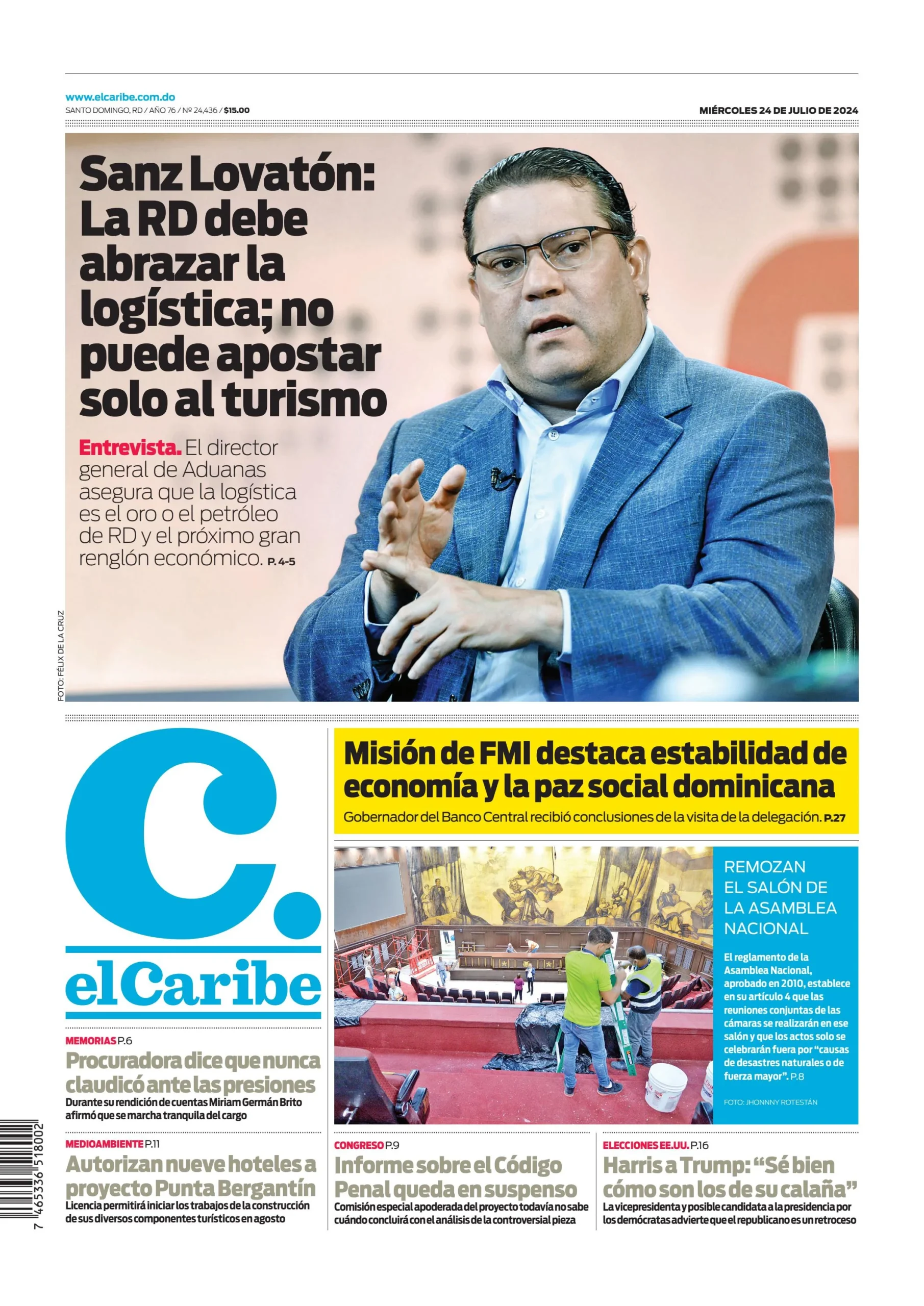 Portada Periódico El Caribe, Miércoles 24 Julio, 2024