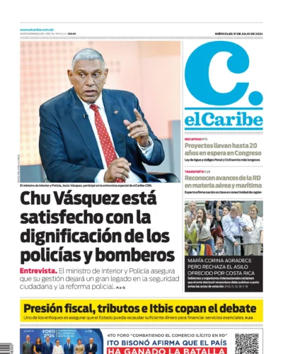 Portada Periódico El Caribe, Miércoles 31 Julio, 2024