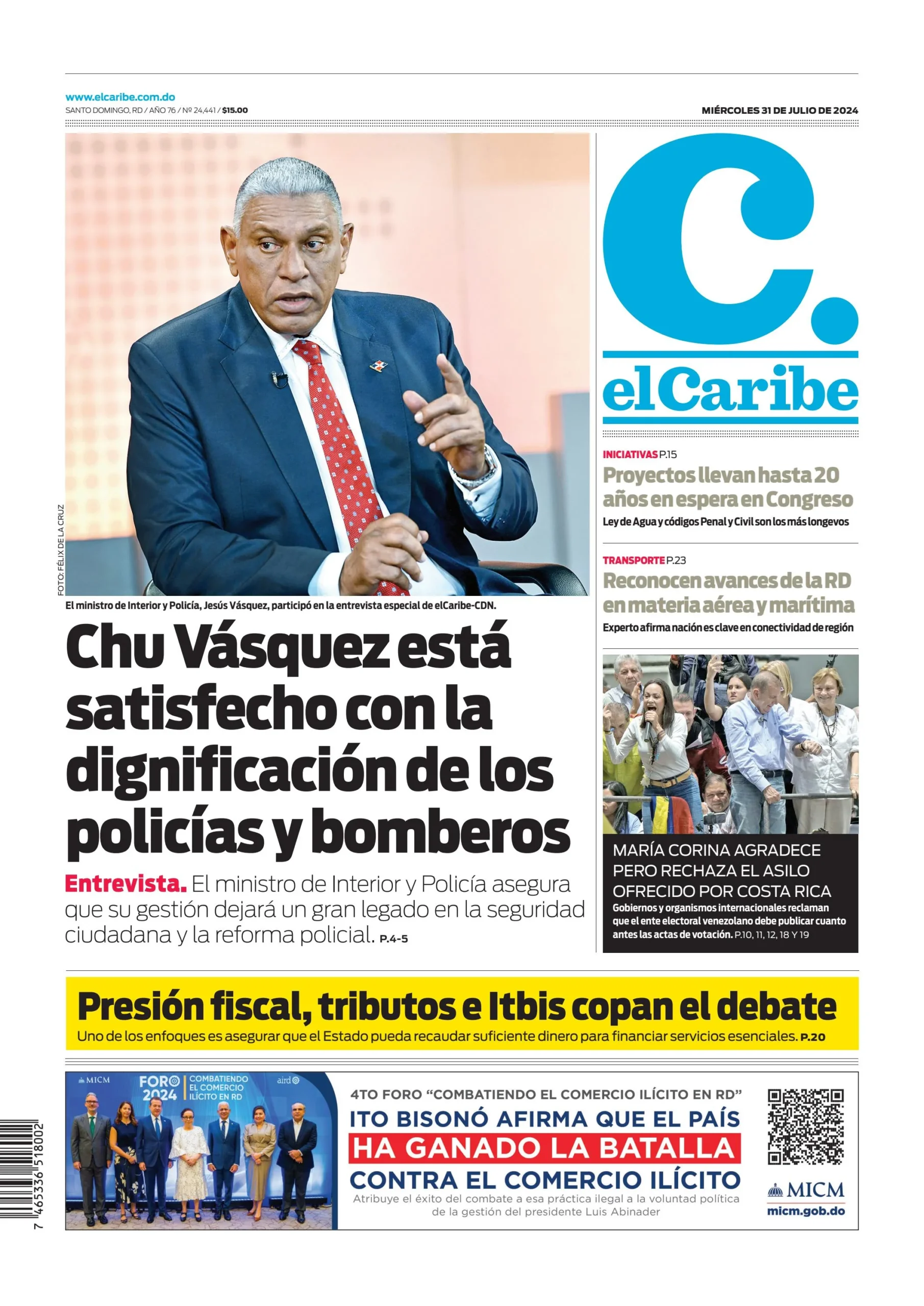 Portada Periódico El Caribe, Miércoles 31 Julio, 2024