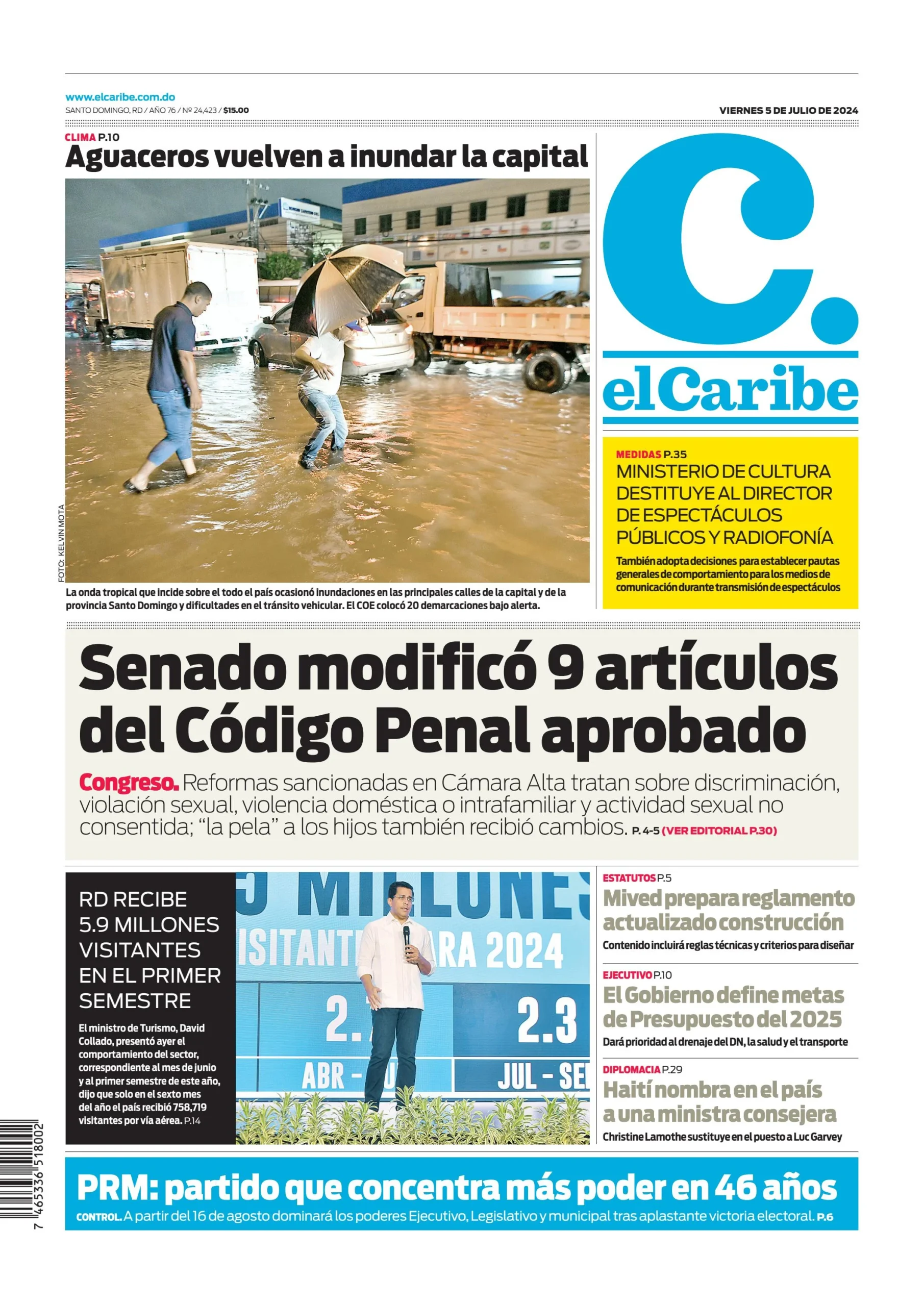 Portada Periódico El Caribe, Viernes 05 Julio, 2024