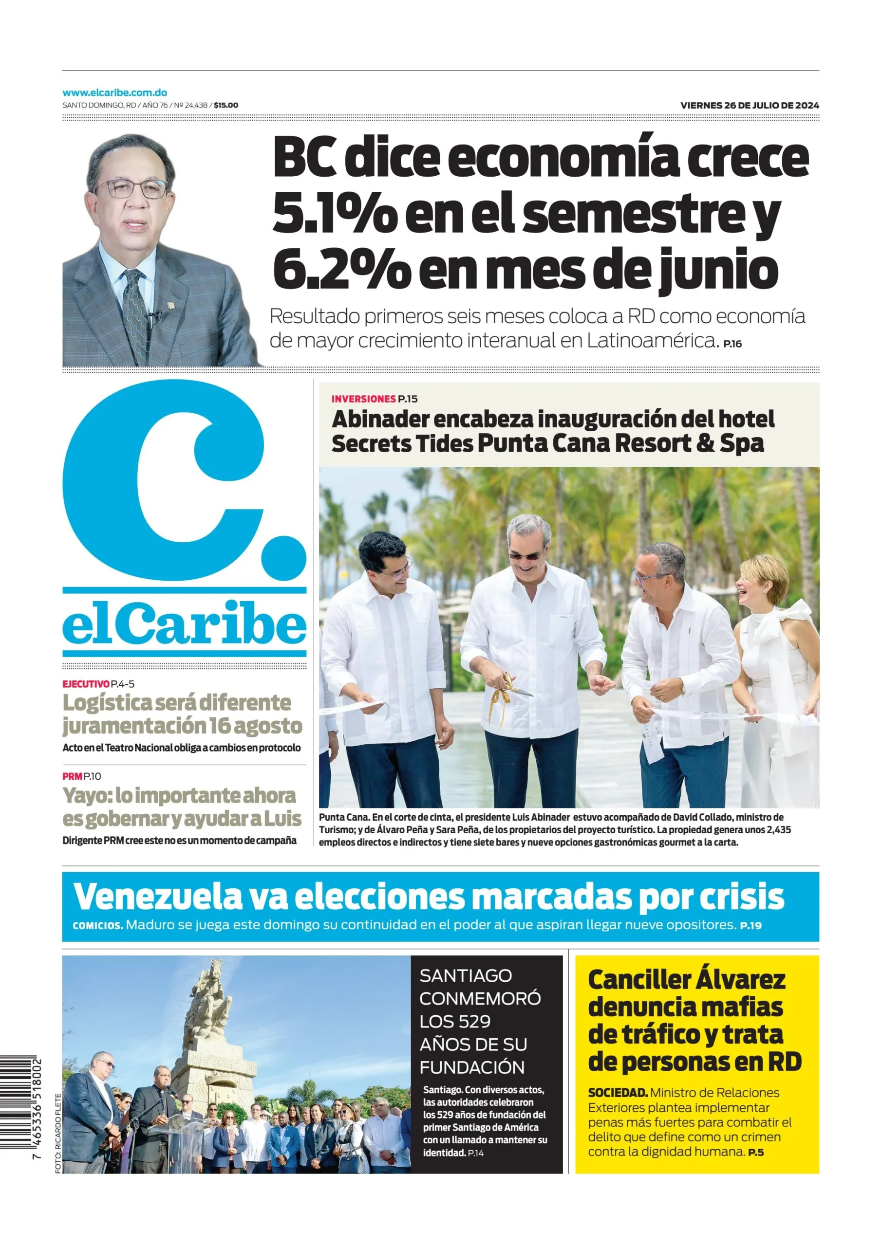 Portada Periódico El Caribe, Viernes 26 Julio, 2024