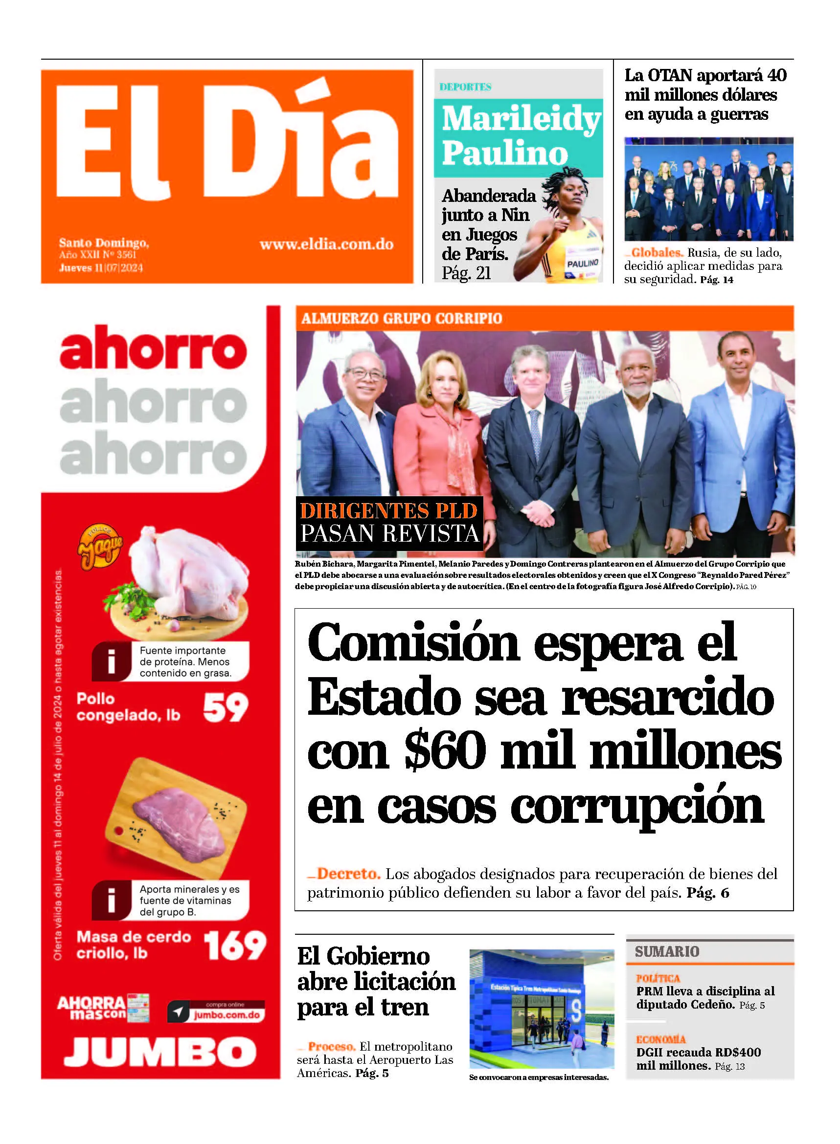 Portada Periódico El Día, Jueves 11 Julio, 2024