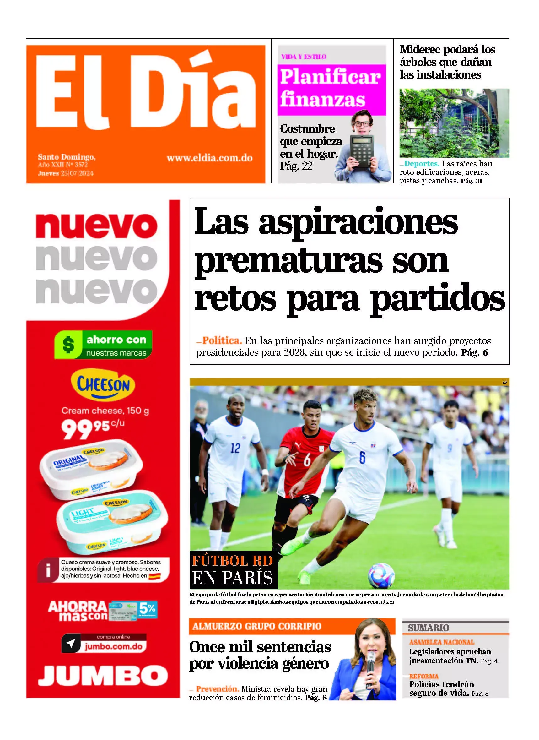 Portada Periódico El Día, Jueves 25 Julio, 2024