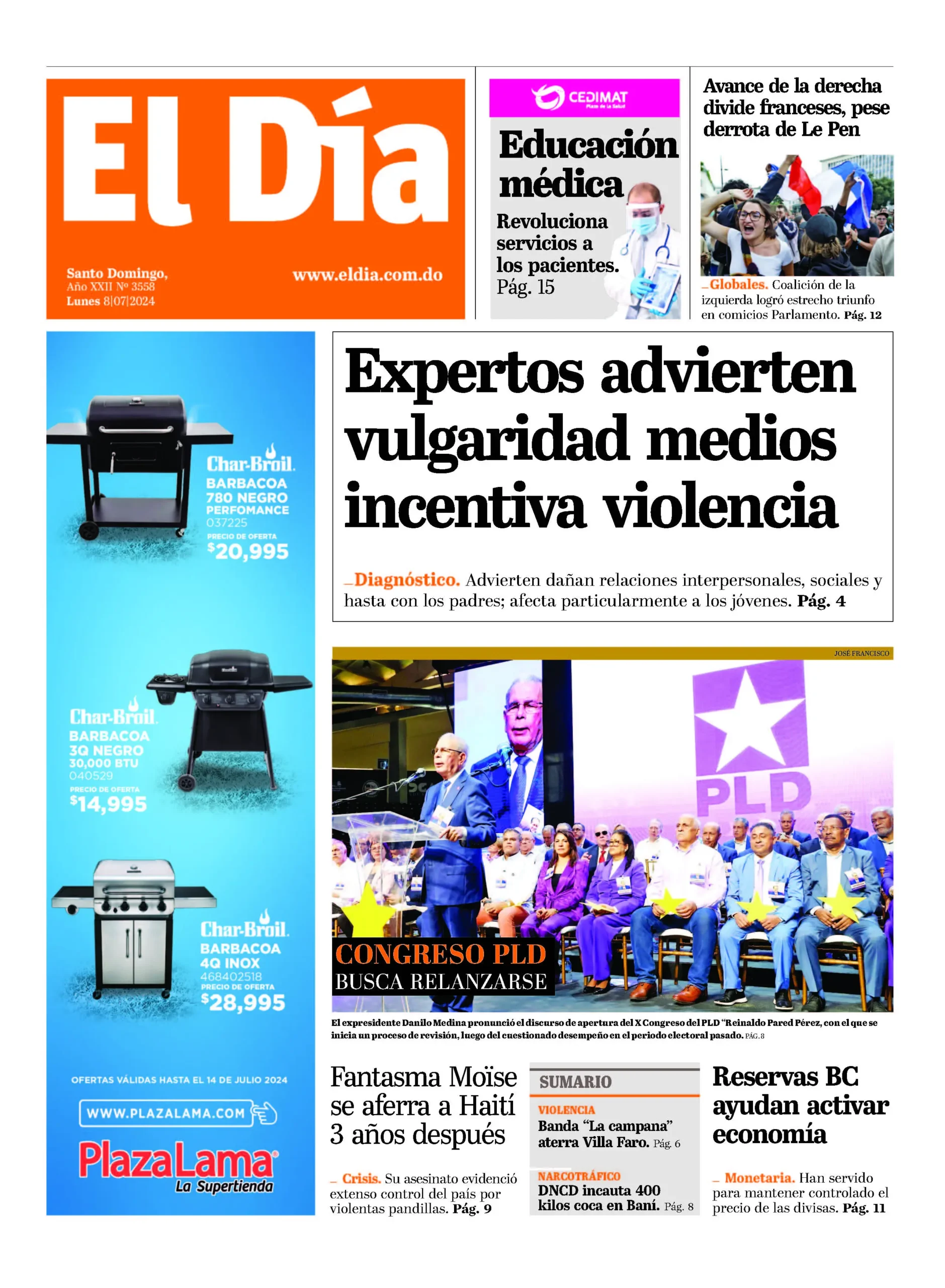 Portada Periódico El Día, Lunes 08 Julio, 2024