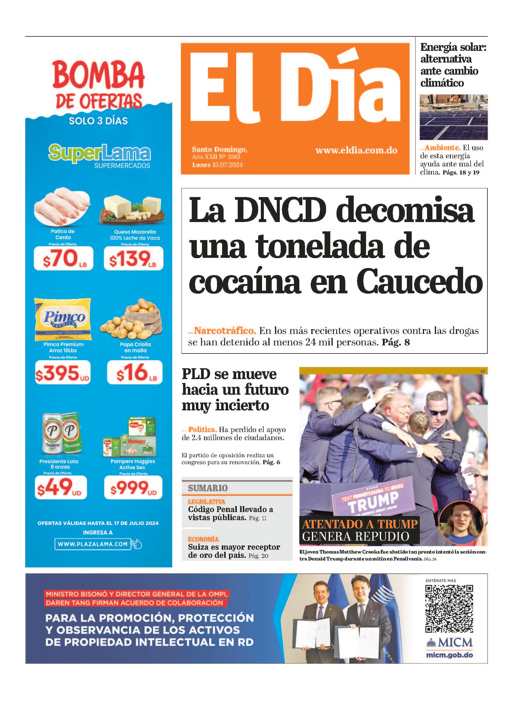 Portada Periódico El Día, Lunes 15 Julio, 2024