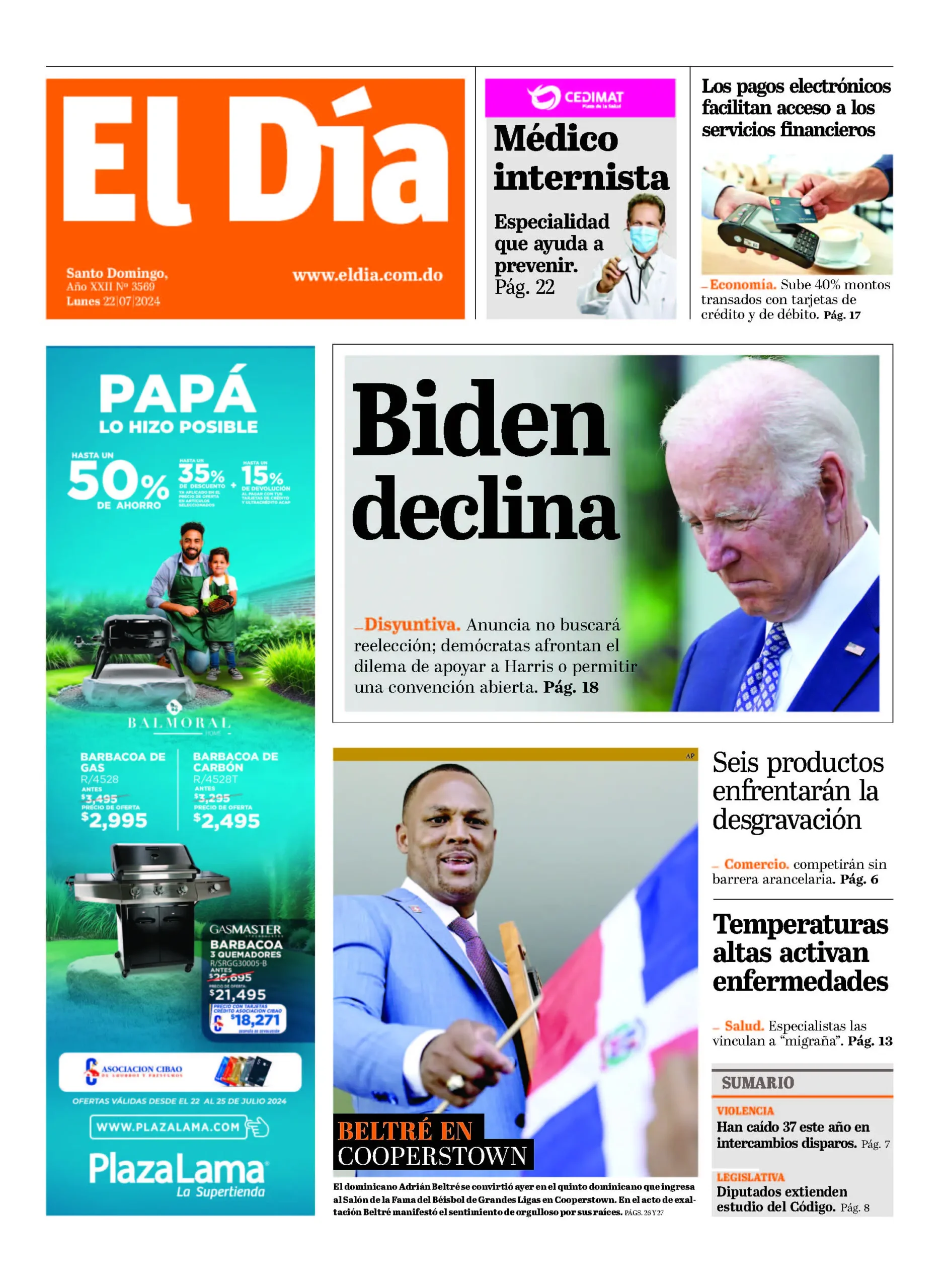 Portada Periódico El Día, Lunes 22 Julio, 2024