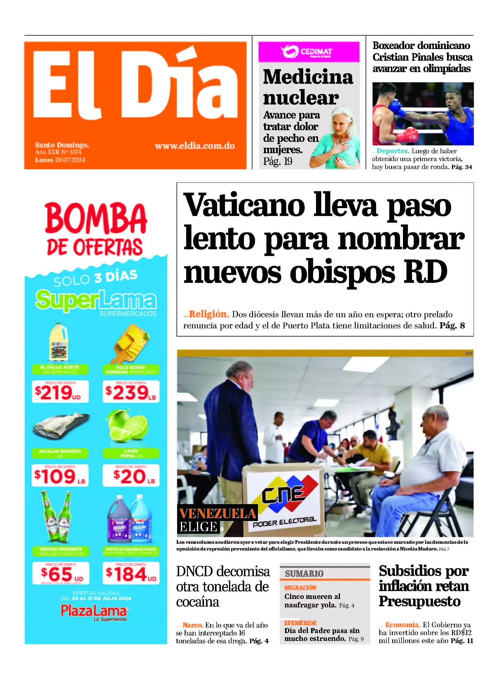 Portada Periódico El Día, Lunes 29 Julio, 2024