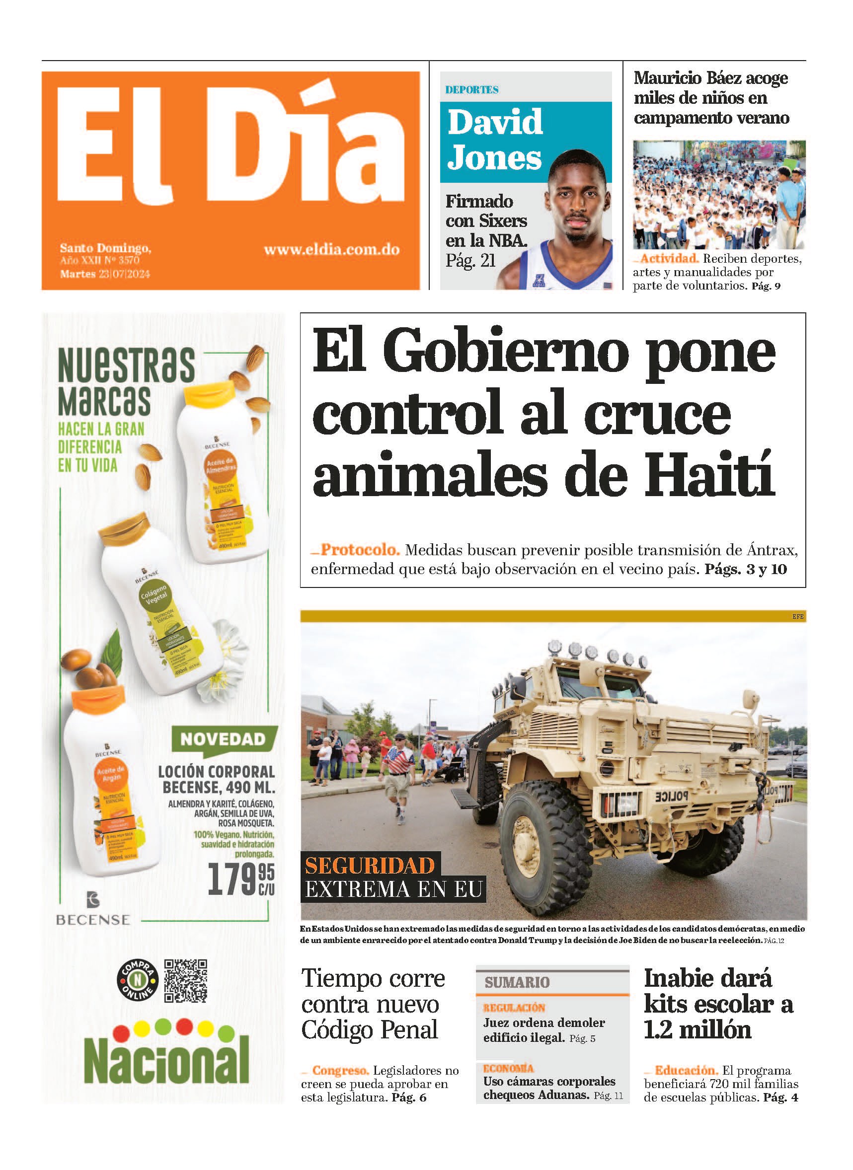 Portada Periódico El Día, Martes 23 Julio, 2024