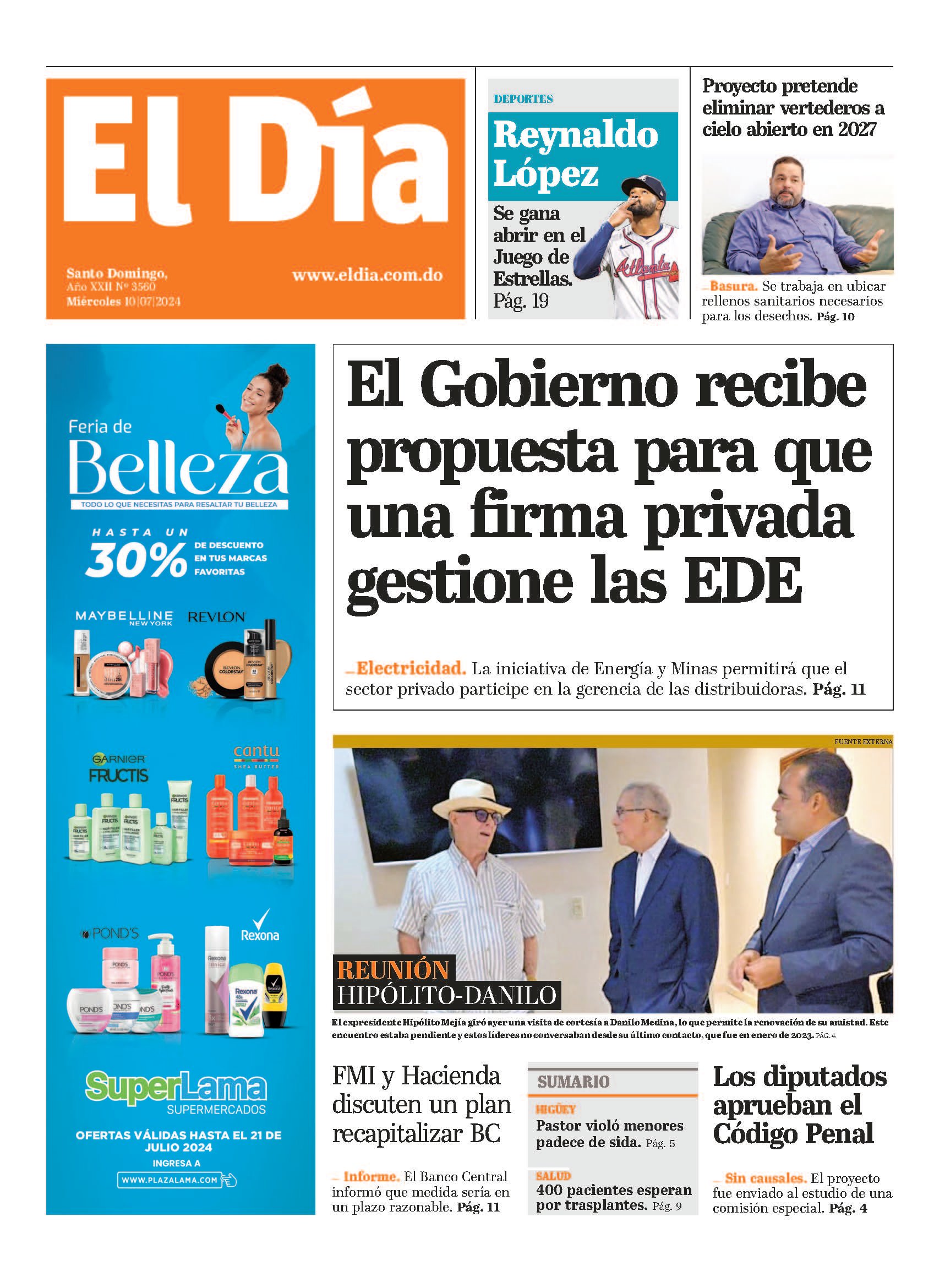 Portada Periódico El Día, Miércoles 10 Julio, 2024