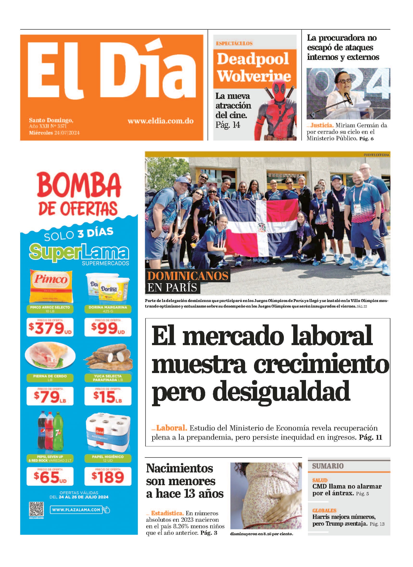 Portada Periódico El Día, Miércoles 24 Julio, 2024