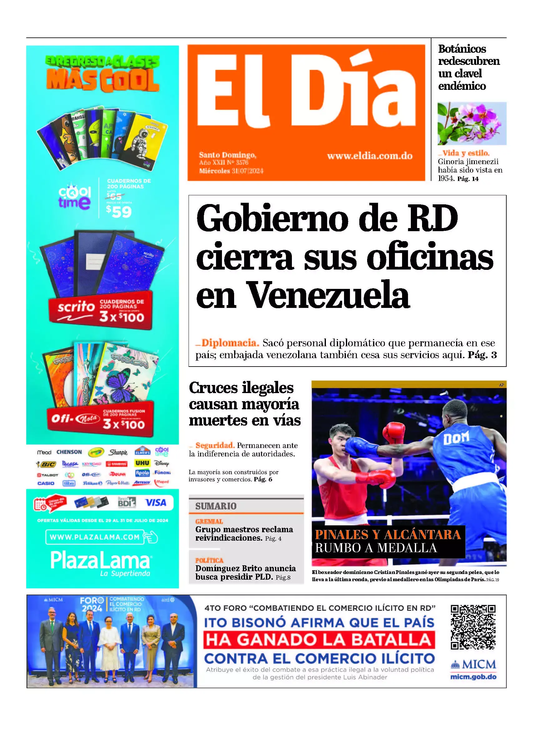 Portada Periódico El Día, Miércoles 31 Julio, 2024