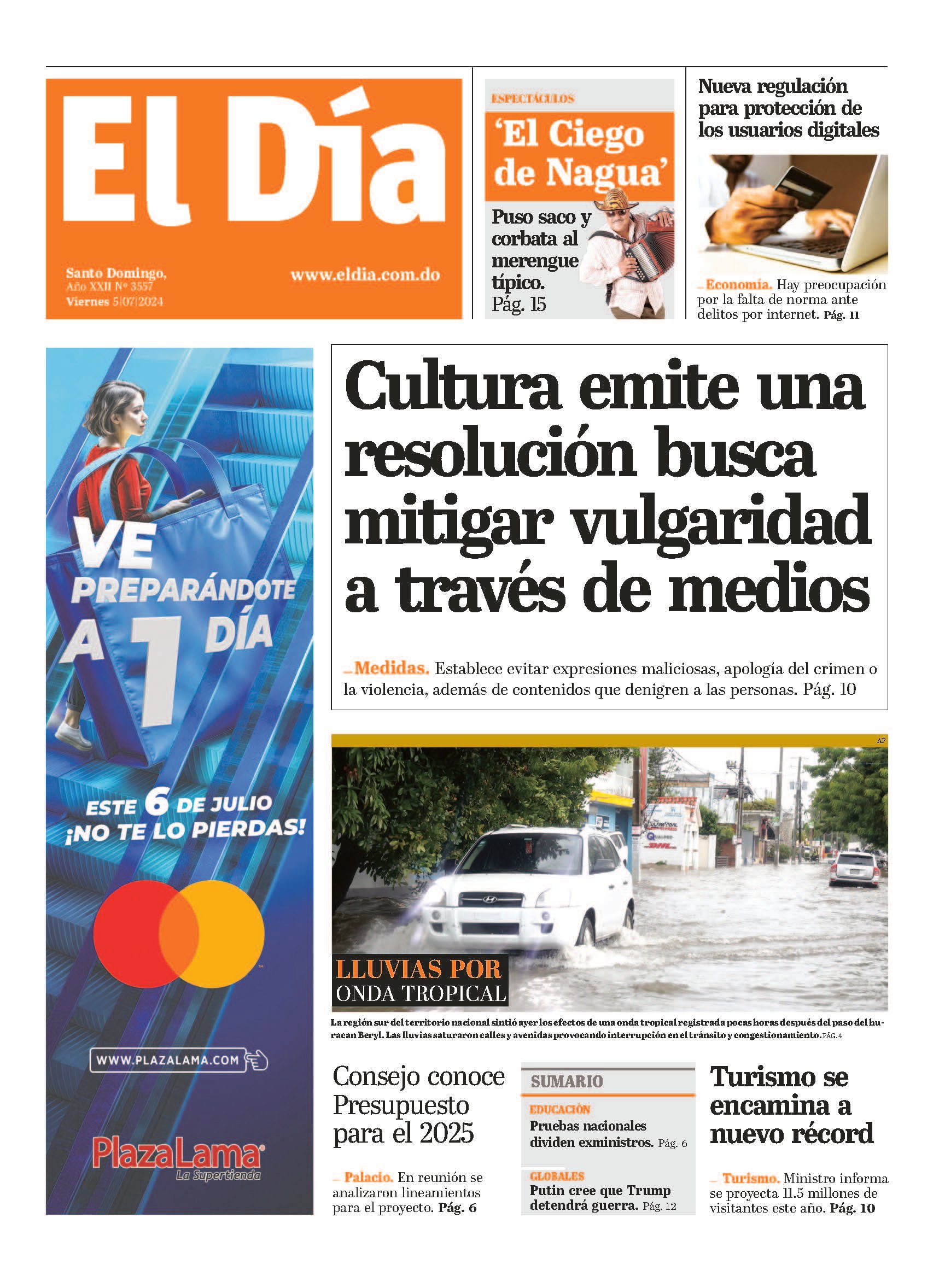 Portada Periódico El Día, Viernes 05 Julio, 2024